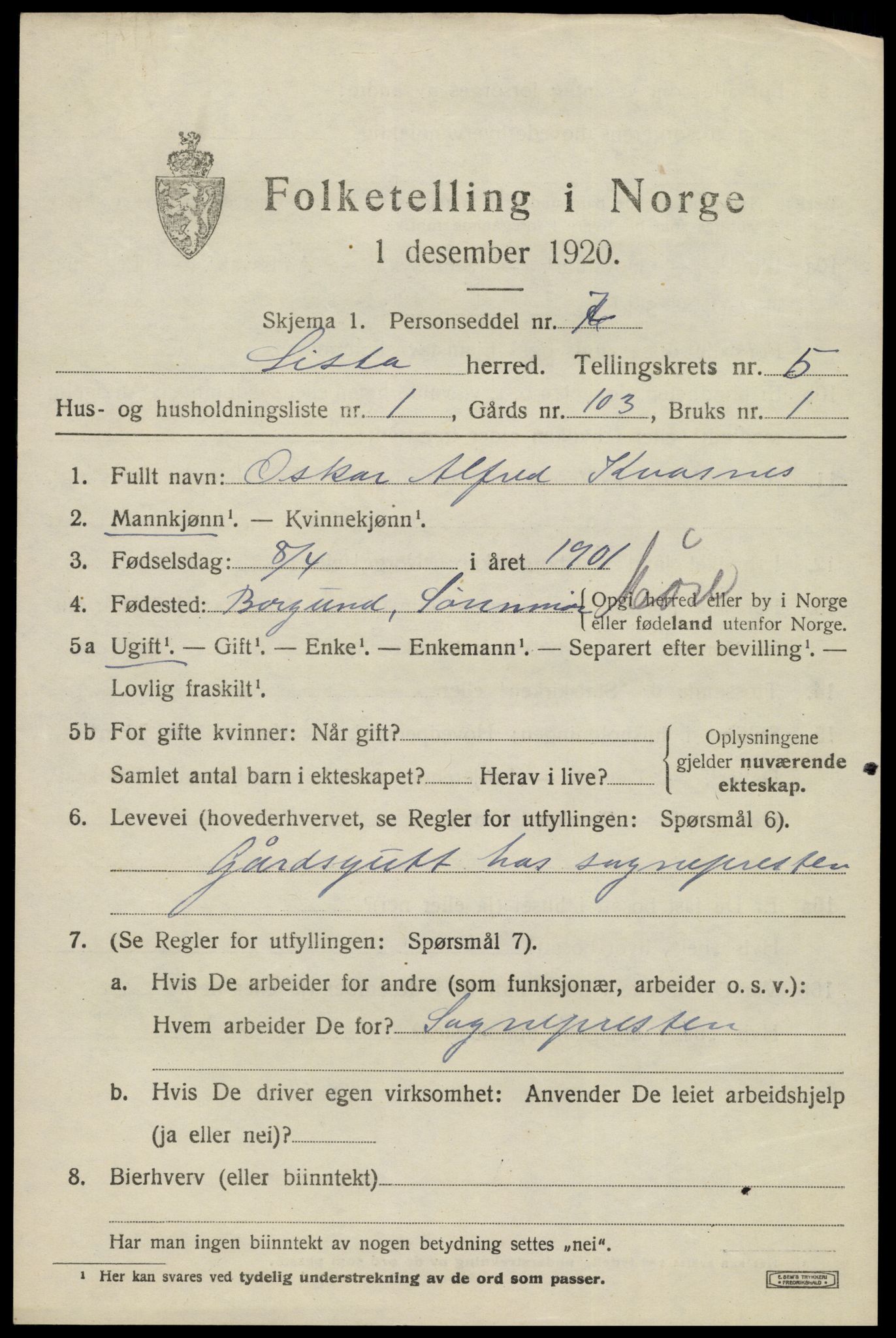 SAK, 1920 census for Lista, 1920, p. 5517