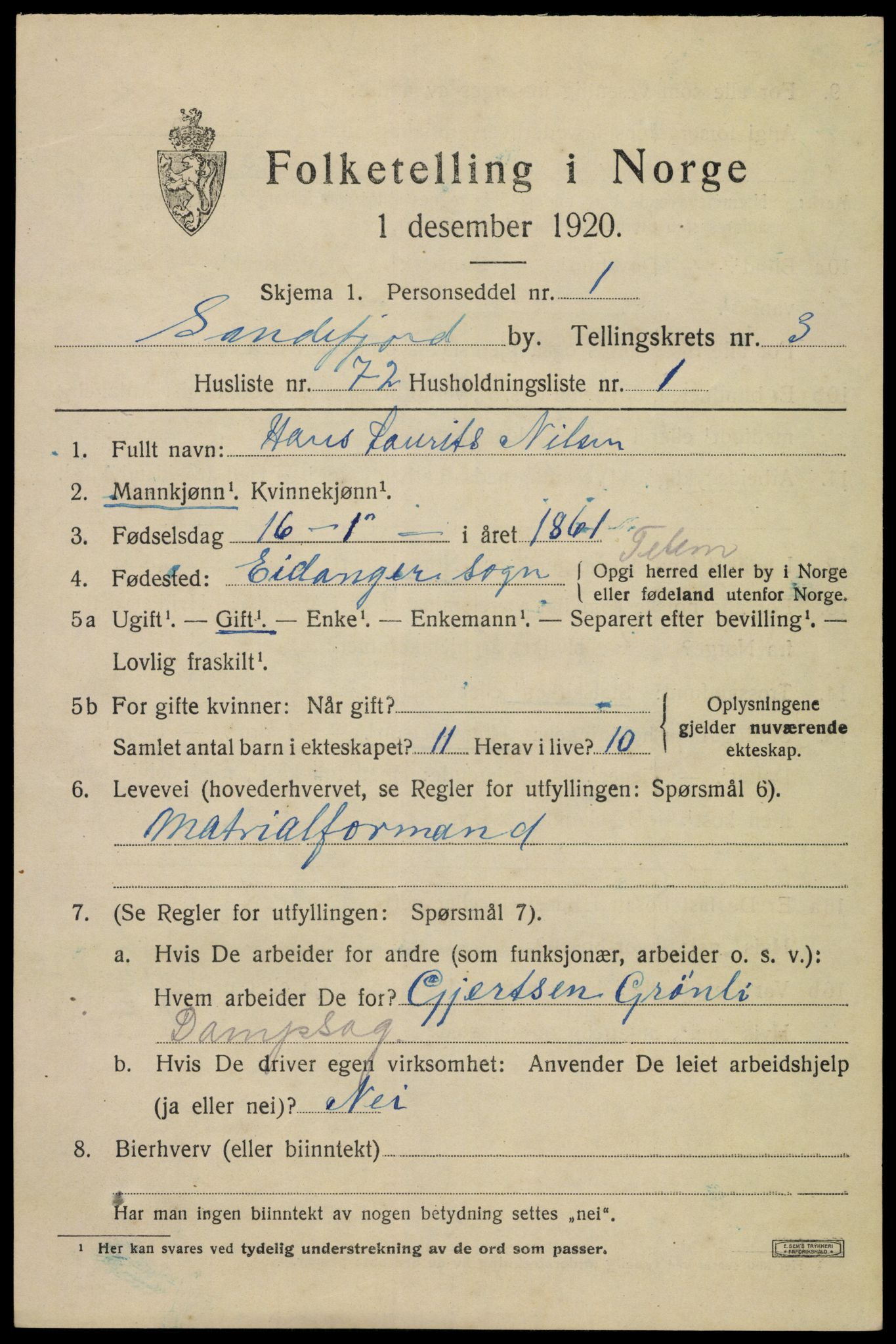 SAKO, 1920 census for Sandefjord, 1920, p. 7476