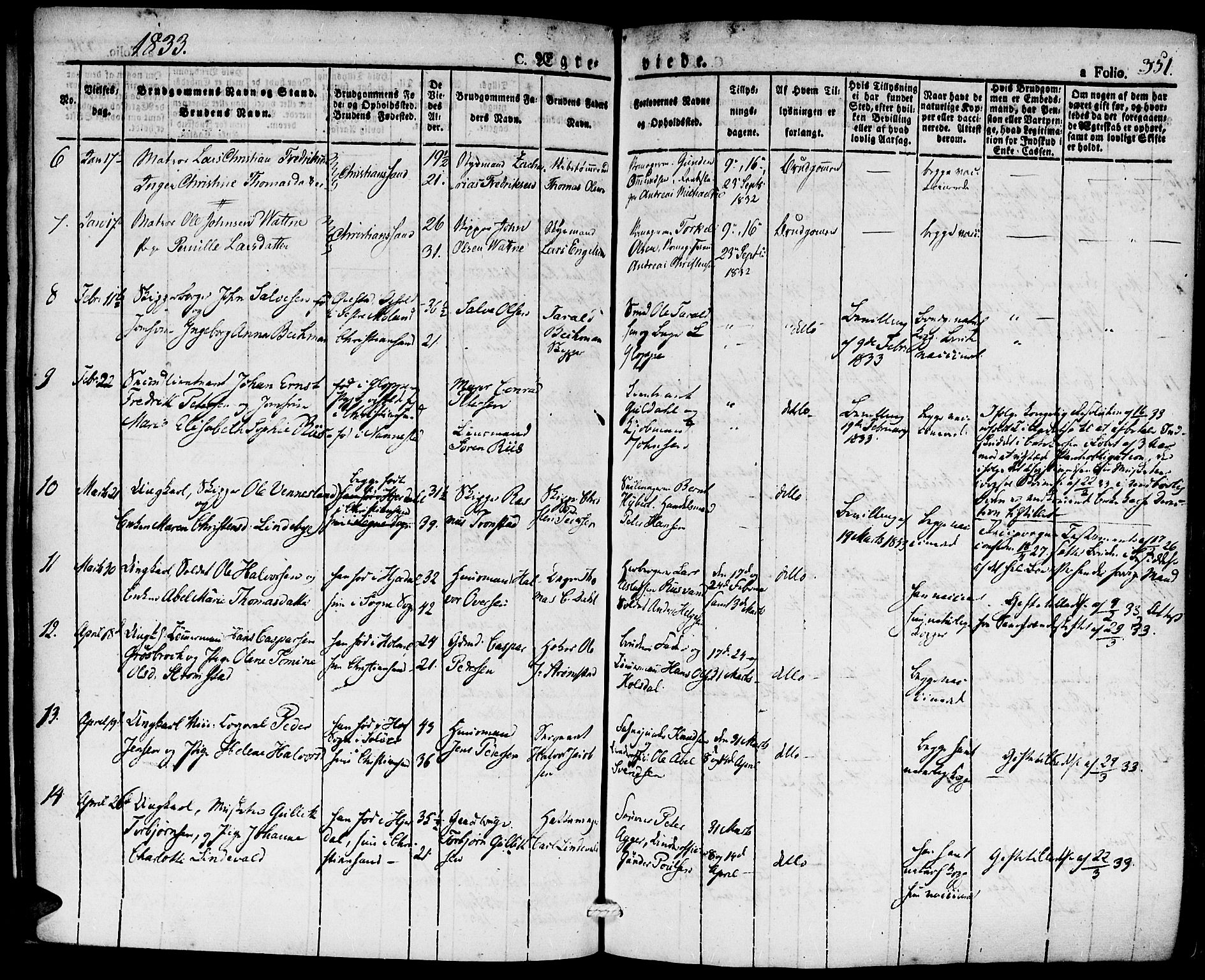 Kristiansand domprosti, SAK/1112-0006/F/Fa/L0011: Parish register (official) no. A 11, 1827-1841, p. 351