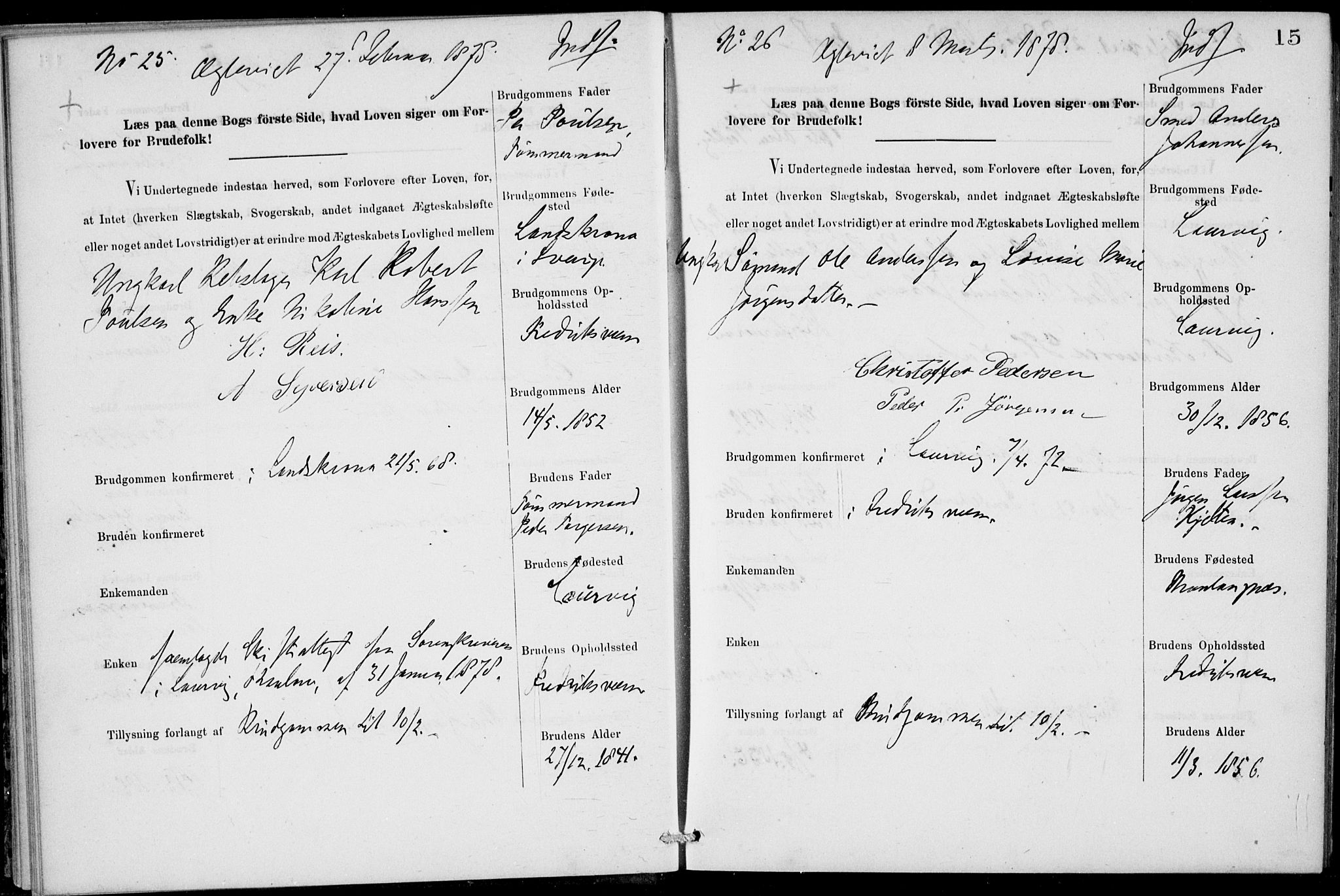 Stavern kirkebøker, SAKO/A-318/H/Ha/L0001: Banns register no. 1, 1875-1918, p. 15
