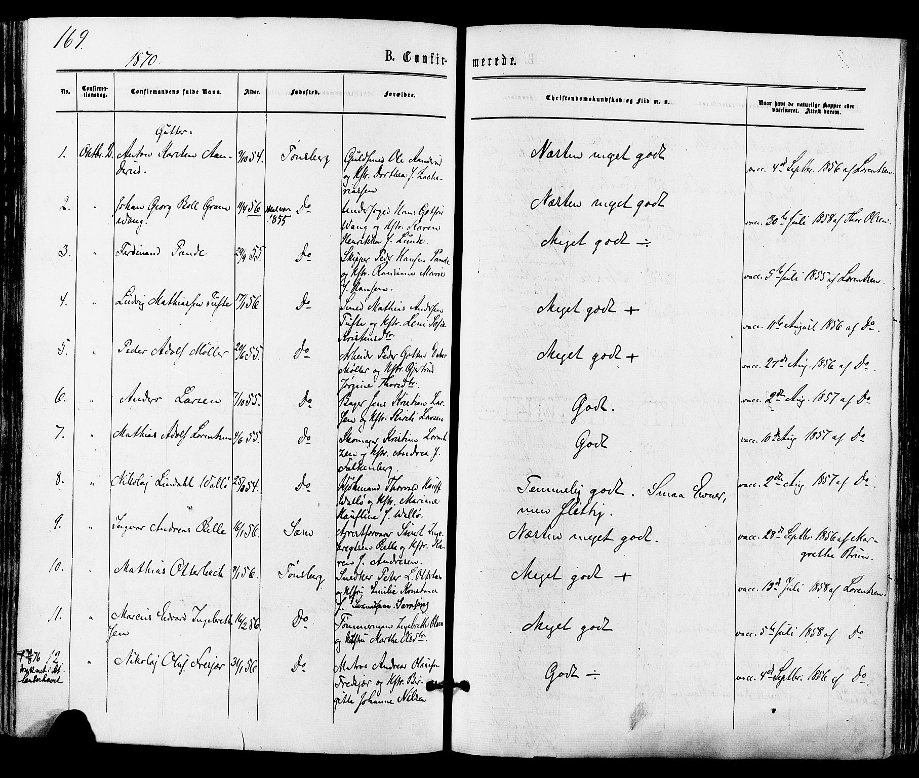 Tønsberg kirkebøker, AV/SAKO-A-330/F/Fa/L0009: Parish register (official) no. I 9, 1865-1873, p. 169