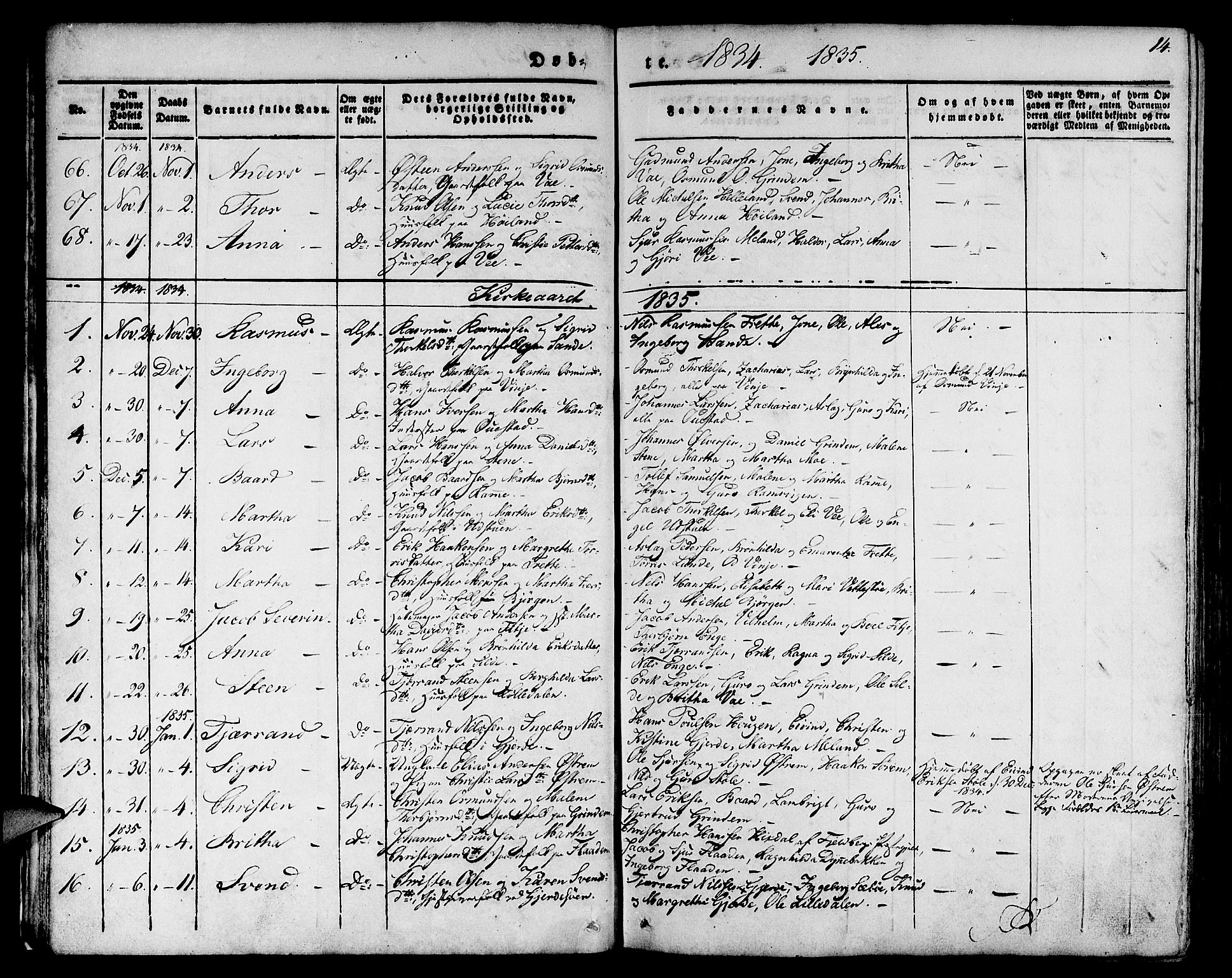 Etne sokneprestembete, SAB/A-75001/H/Haa: Parish register (official) no. A 7, 1831-1847, p. 14