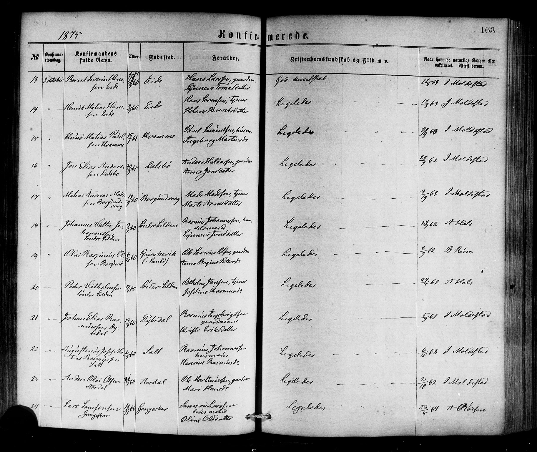 Selje sokneprestembete, SAB/A-99938/H/Ha/Haa/Haaa: Parish register (official) no. A 12, 1870-1880, p. 163