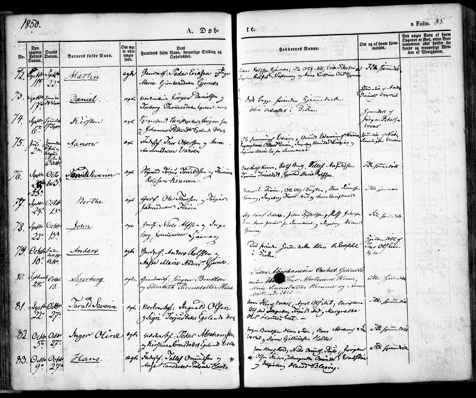 Søndeled sokneprestkontor, AV/SAK-1111-0038/F/Fa/L0002: Parish register (official) no. A 2, 1839-1860, p. 85