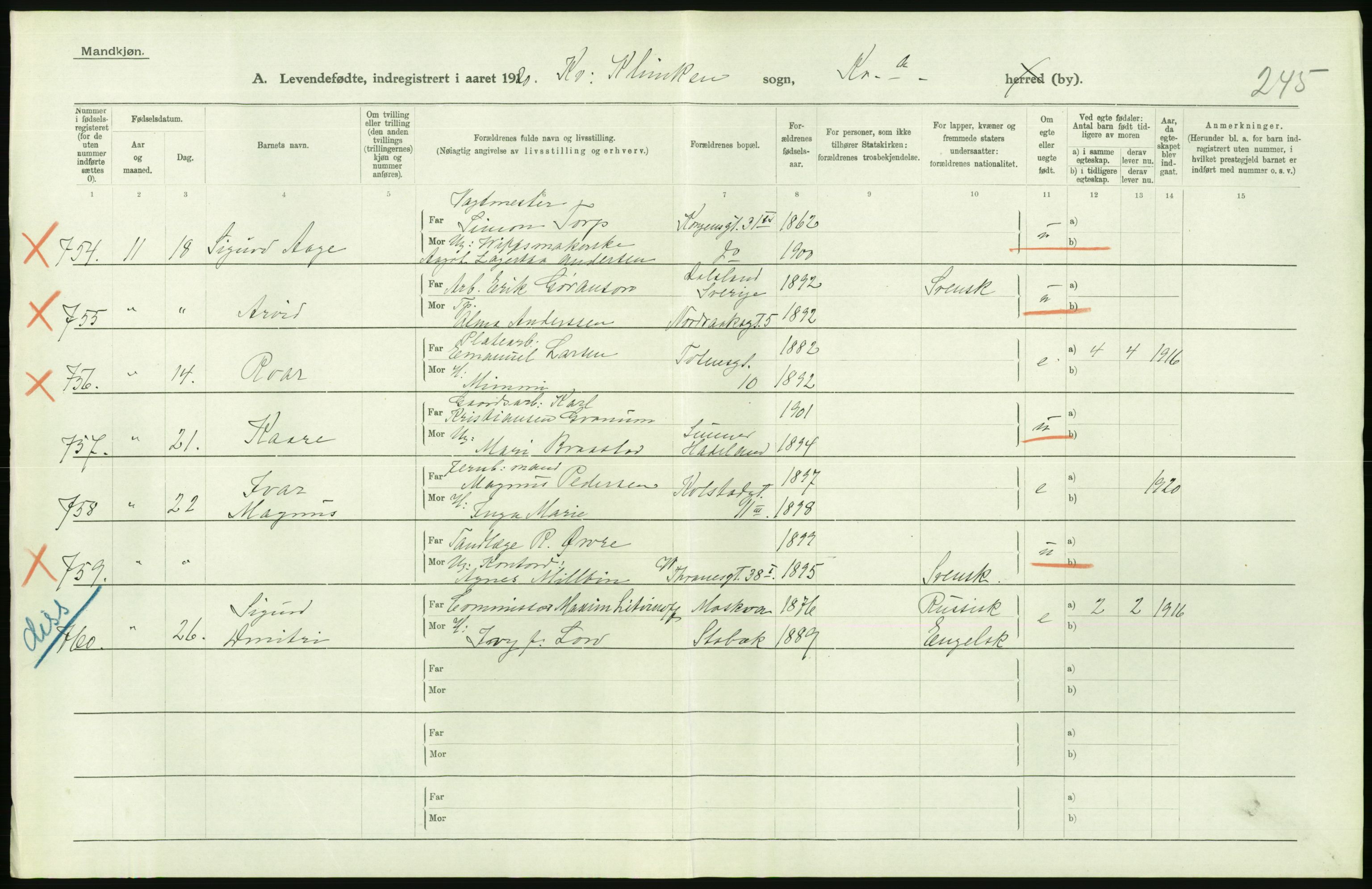 Statistisk sentralbyrå, Sosiodemografiske emner, Befolkning, AV/RA-S-2228/D/Df/Dfb/Dfbj/L0008: Kristiania: Levendefødte menn og kvinner., 1920, p. 480