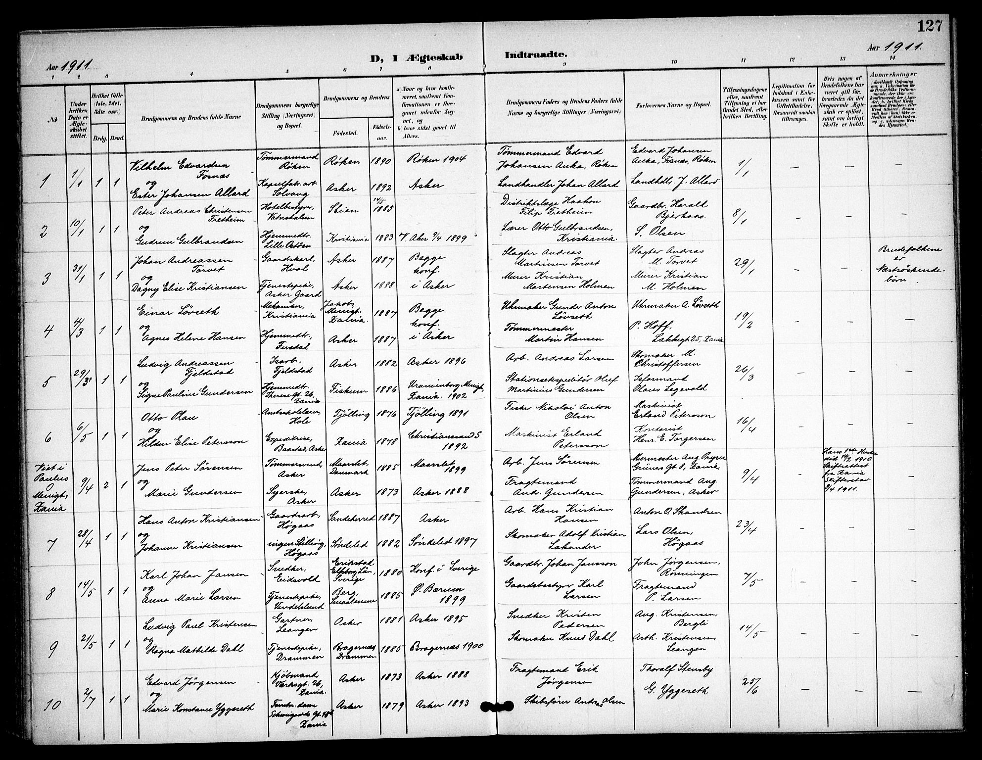 Asker prestekontor Kirkebøker, SAO/A-10256a/F/Fa/L0016: Parish register (official) no. I 16, 1900-1917, p. 127