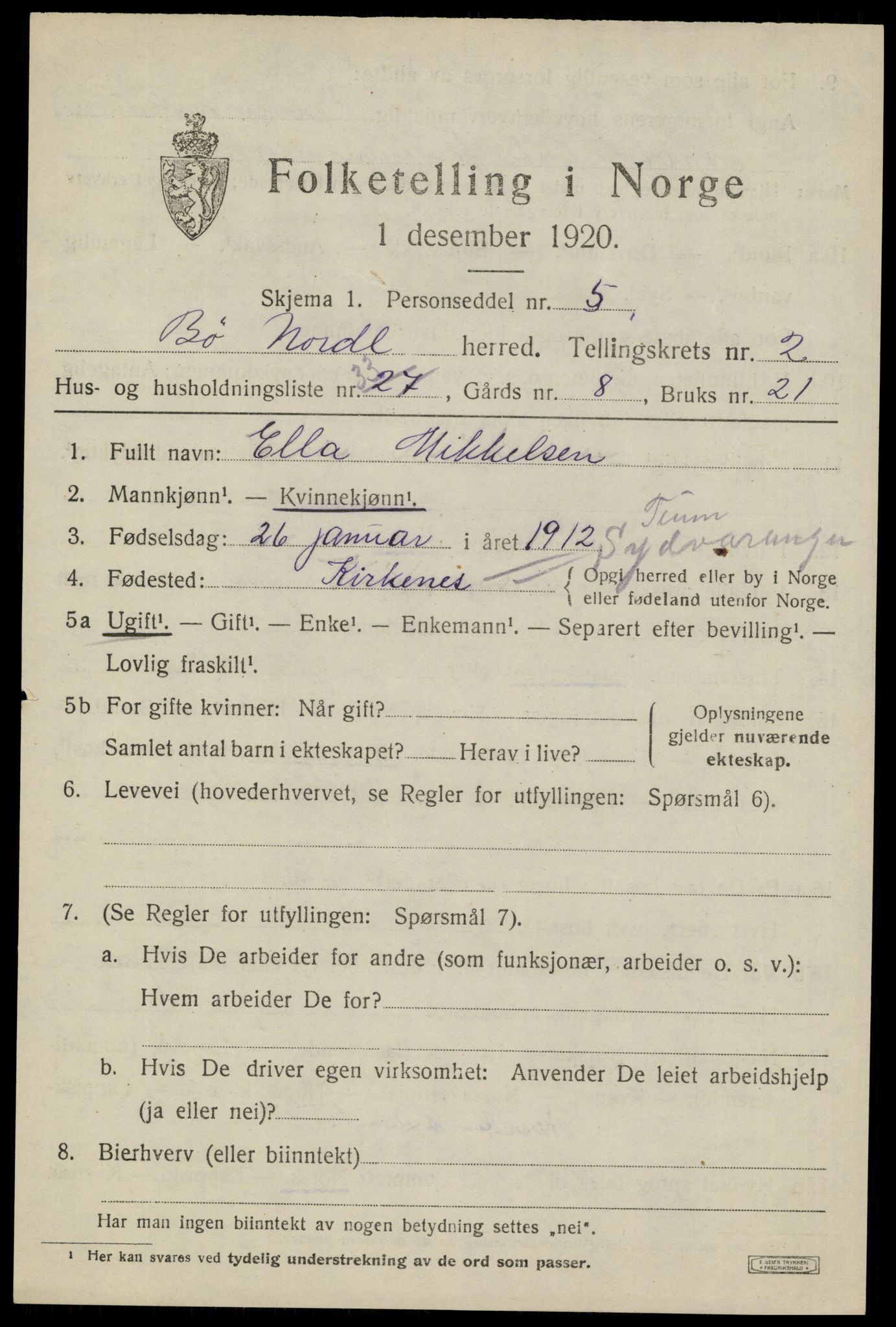 SAT, 1920 census for Bø, 1920, p. 2660