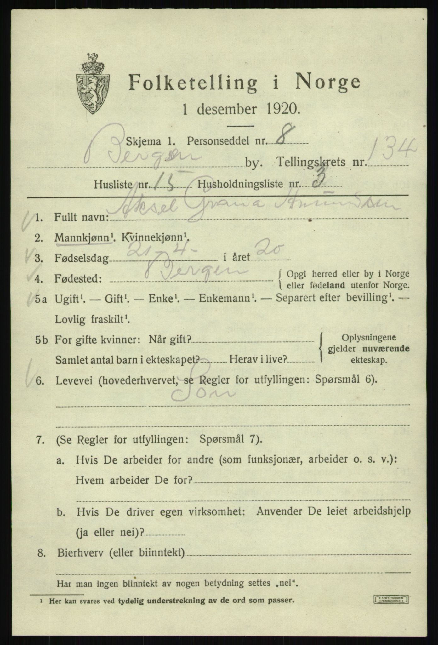 SAB, 1920 census for Bergen, 1920, p. 225513