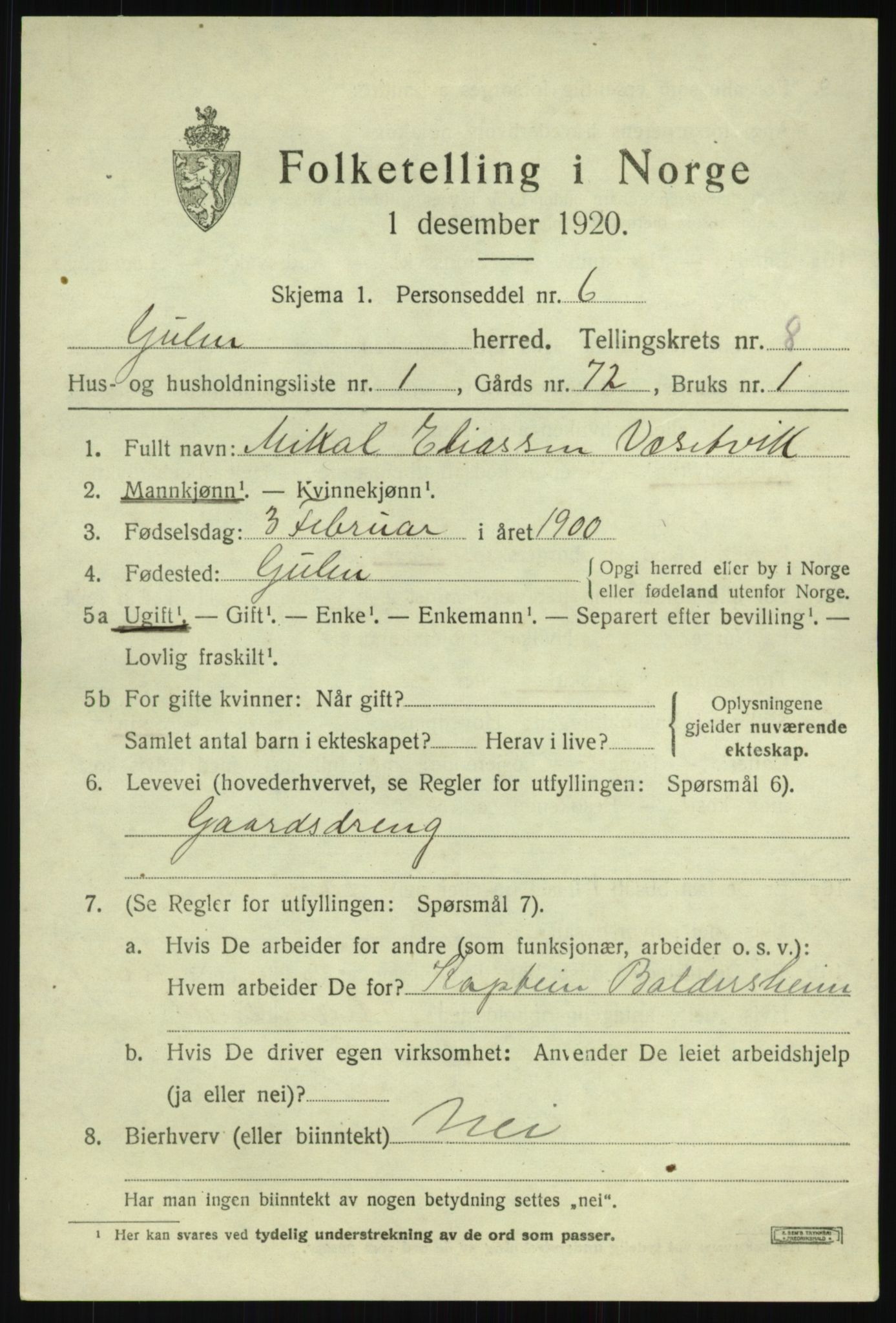 SAB, 1920 census for Gulen, 1920, p. 3505