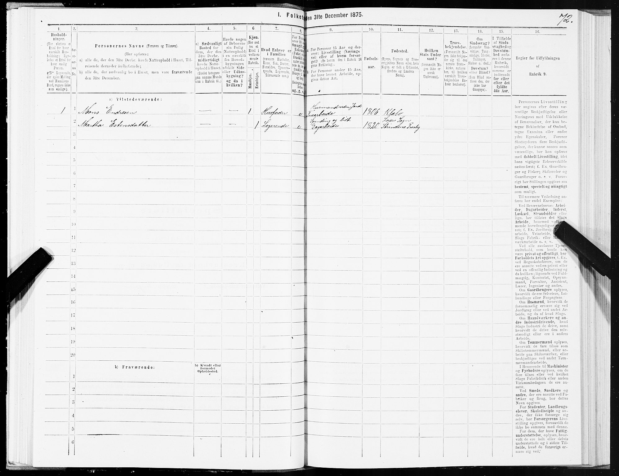 SAT, 1875 census for 1662P Klæbu, 1875, p. 1072