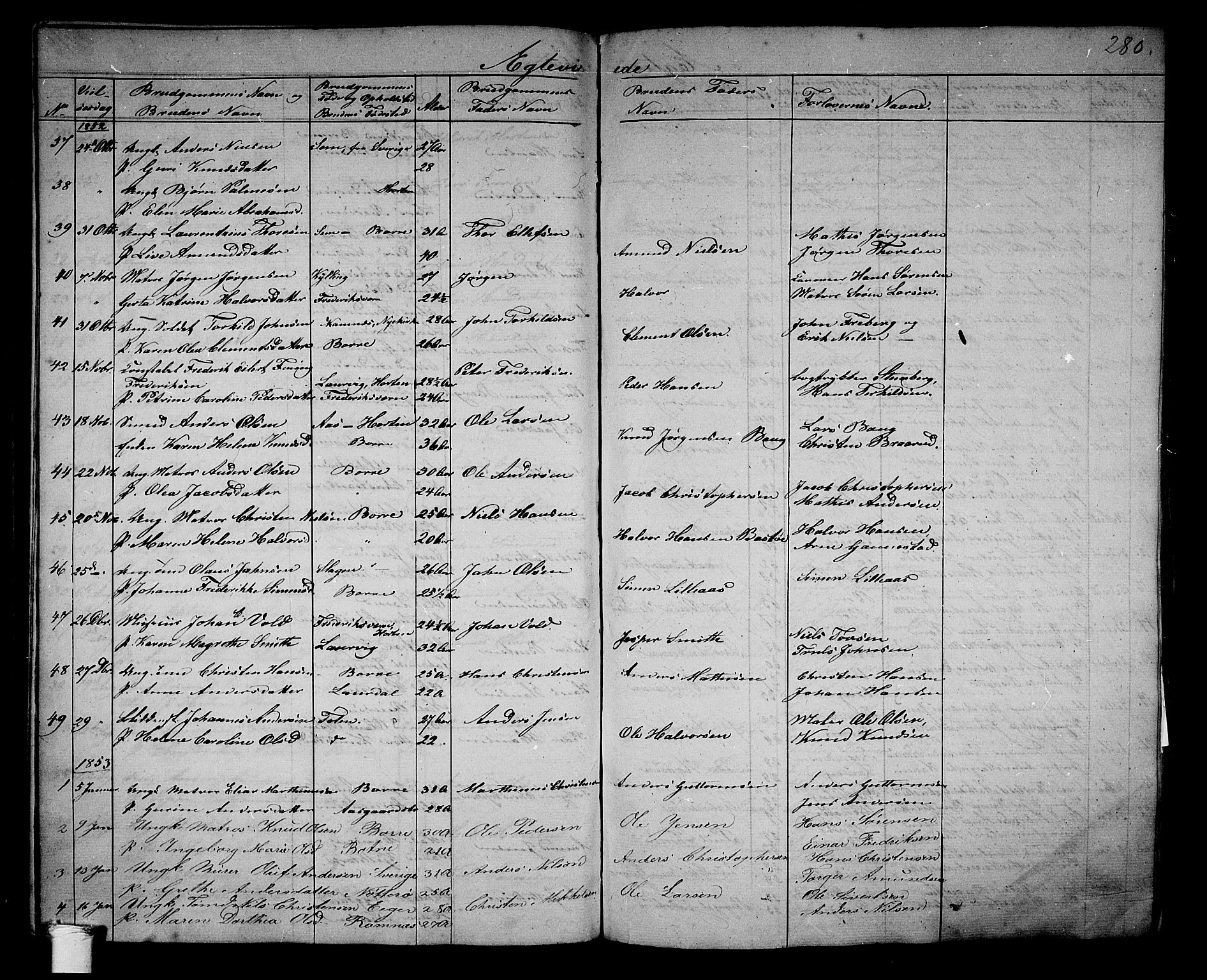 Borre kirkebøker, AV/SAKO-A-338/G/Ga/L0002: Parish register (copy) no. I 2, 1852-1871, p. 280