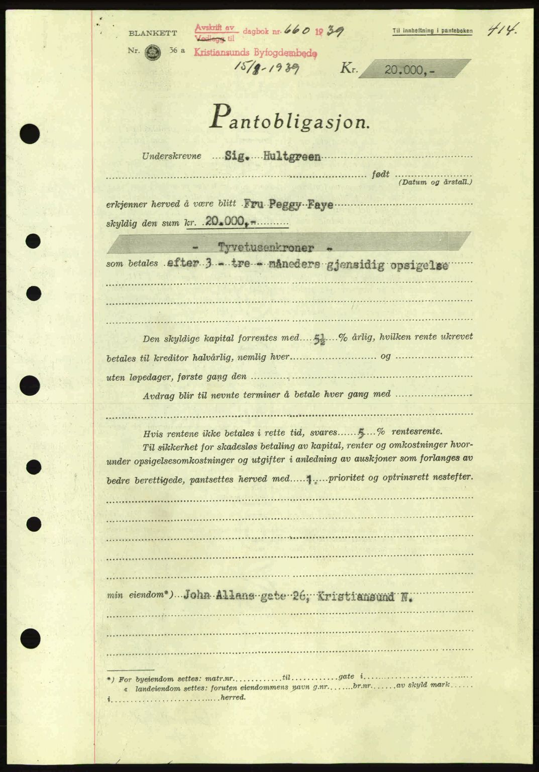 Kristiansund byfogd, SAT/A-4587/A/27: Mortgage book no. 31, 1938-1939, Diary no: : 660/1939