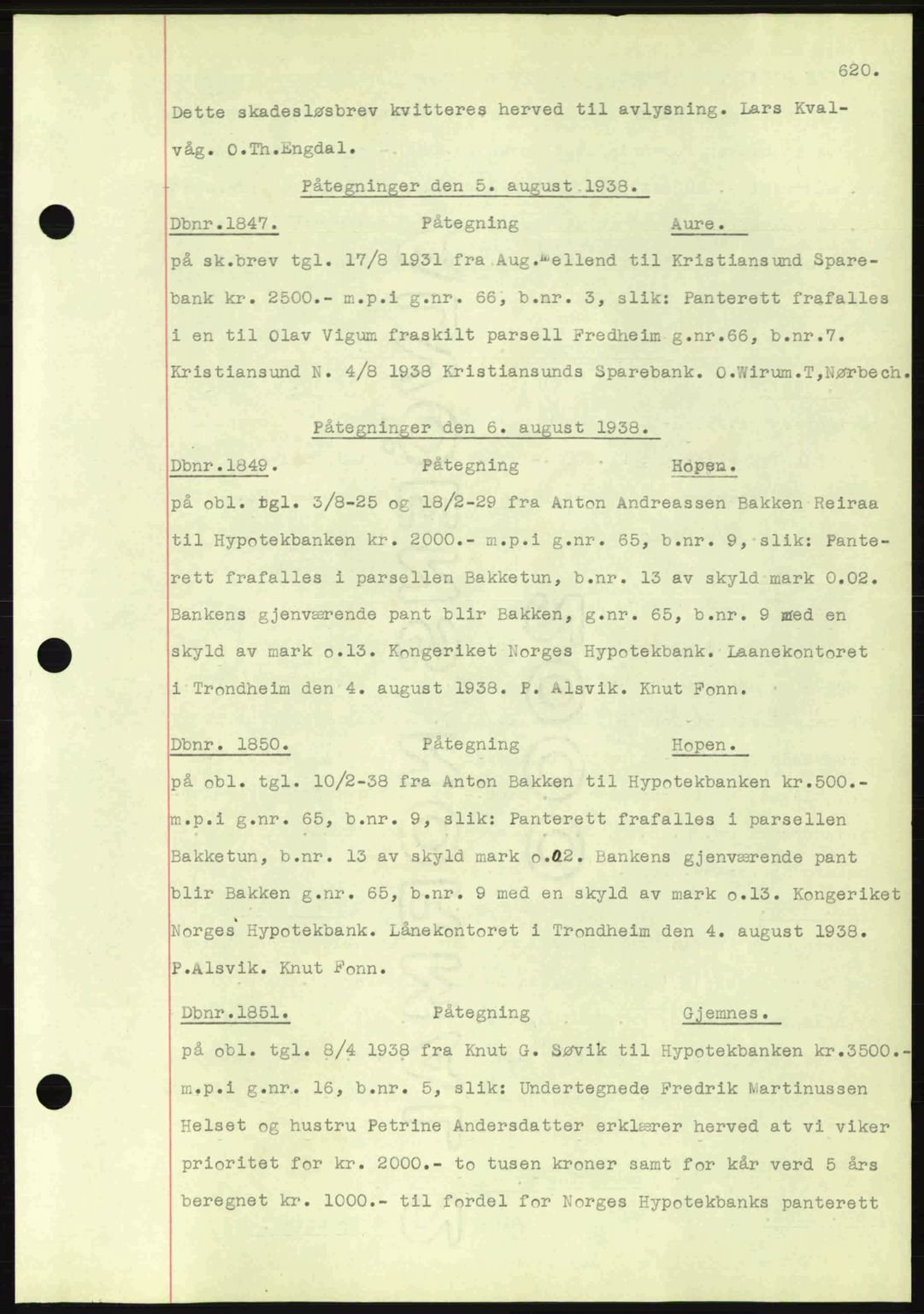 Nordmøre sorenskriveri, AV/SAT-A-4132/1/2/2Ca: Mortgage book no. C80, 1936-1939, Diary no: : 1847/1938