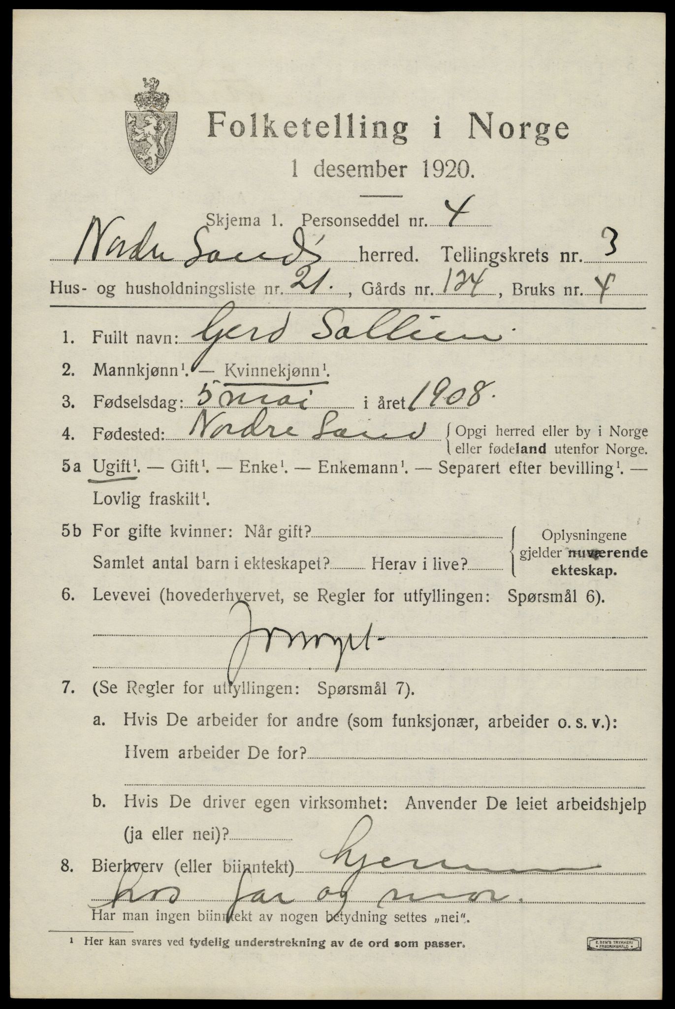 SAH, 1920 census for Nordre Land, 1920, p. 2461