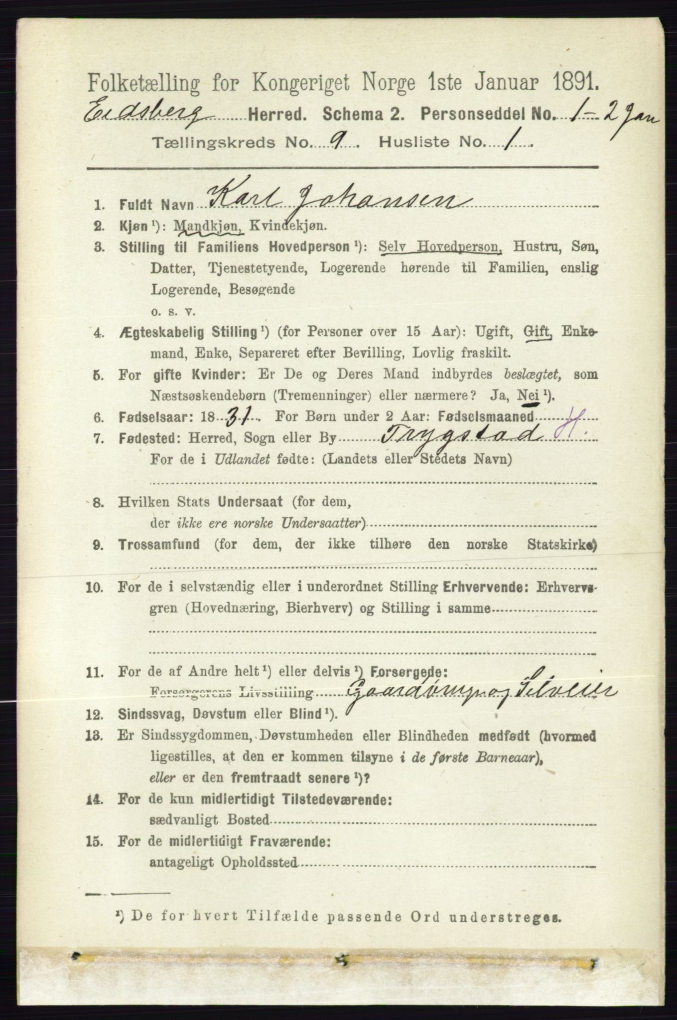 RA, 1891 census for 0125 Eidsberg, 1891, p. 5164