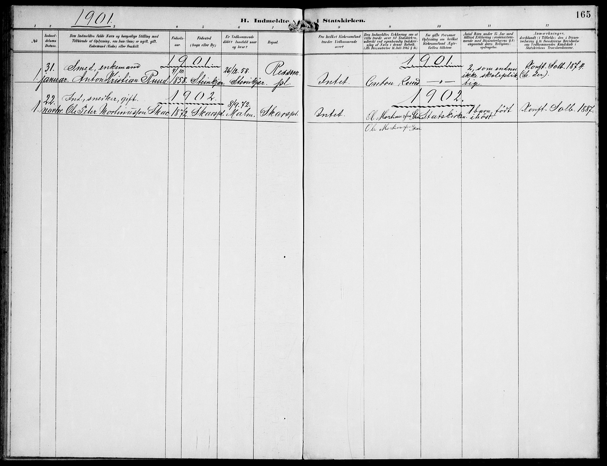 Ministerialprotokoller, klokkerbøker og fødselsregistre - Nord-Trøndelag, SAT/A-1458/745/L0430: Parish register (official) no. 745A02, 1895-1913, p. 165