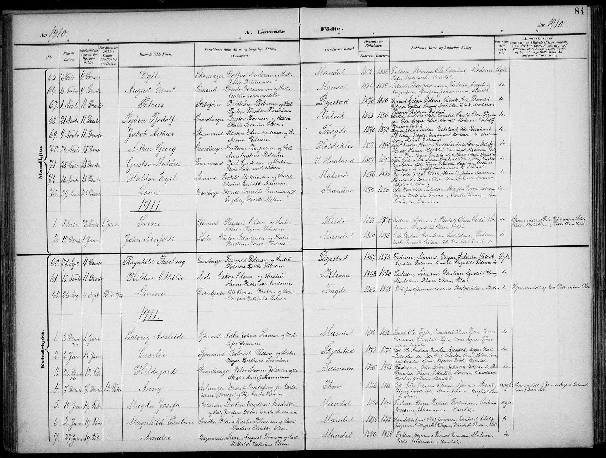 Mandal sokneprestkontor, AV/SAK-1111-0030/F/Fb/Fba/L0012: Parish register (copy) no. B 6, 1899-1918, p. 84