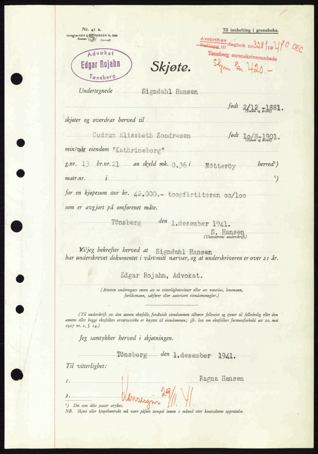 Tønsberg sorenskriveri, AV/SAKO-A-130/G/Ga/Gaa/L0010: Mortgage book no. A10, 1941-1941, Diary no: : 3281/1941