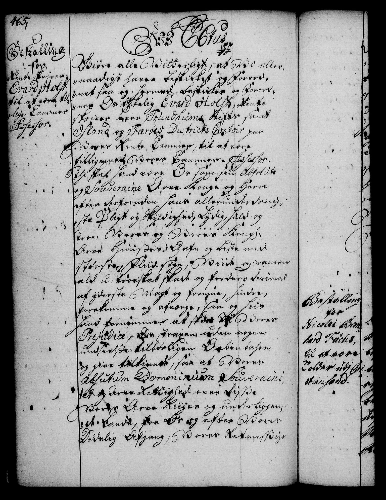 Rentekammeret, Kammerkanselliet, RA/EA-3111/G/Gg/Gge/L0002: Norsk bestallingsprotokoll med register (merket RK 53.26), 1730-1744, p. 465