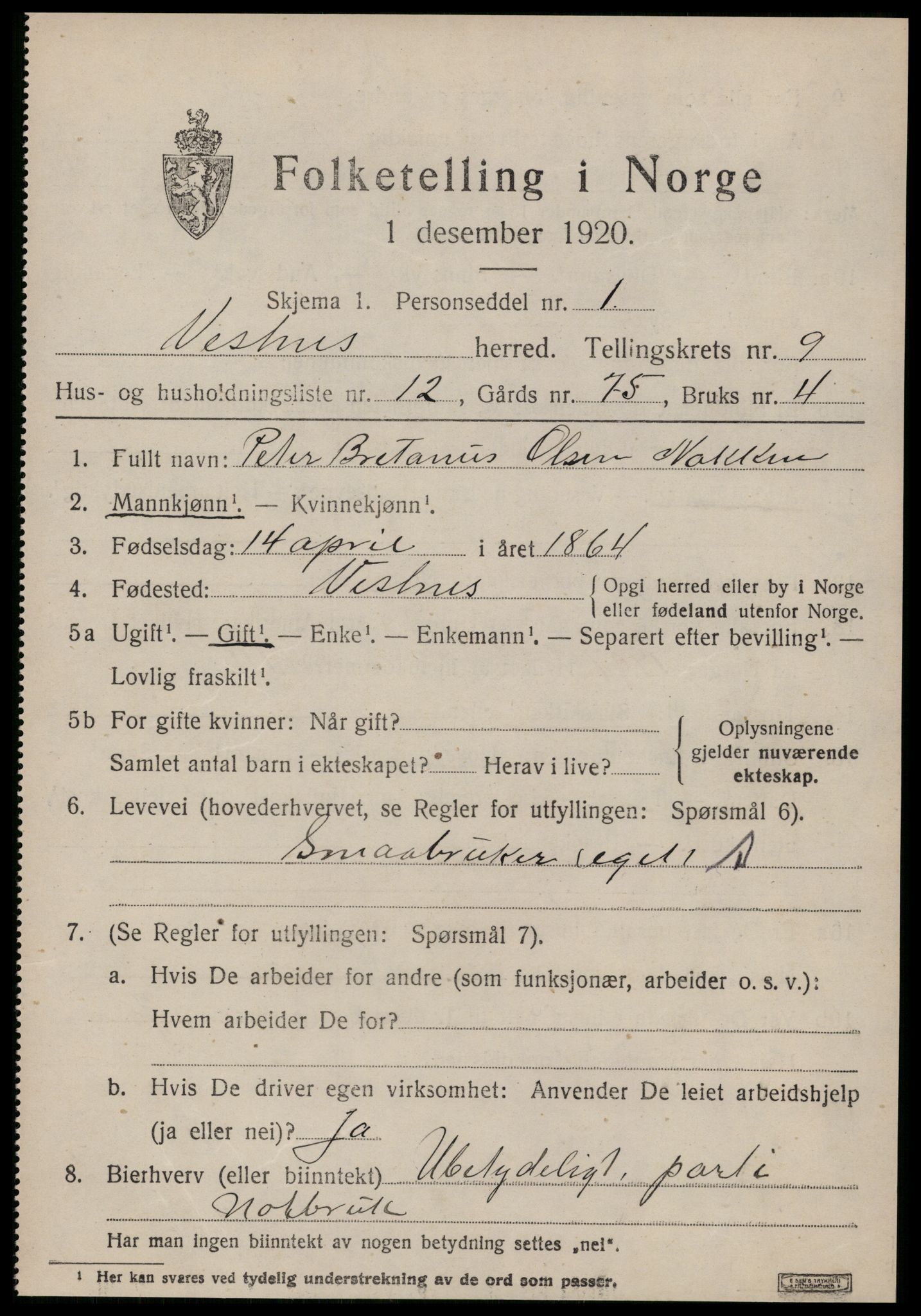 SAT, 1920 census for Vestnes, 1920, p. 6107