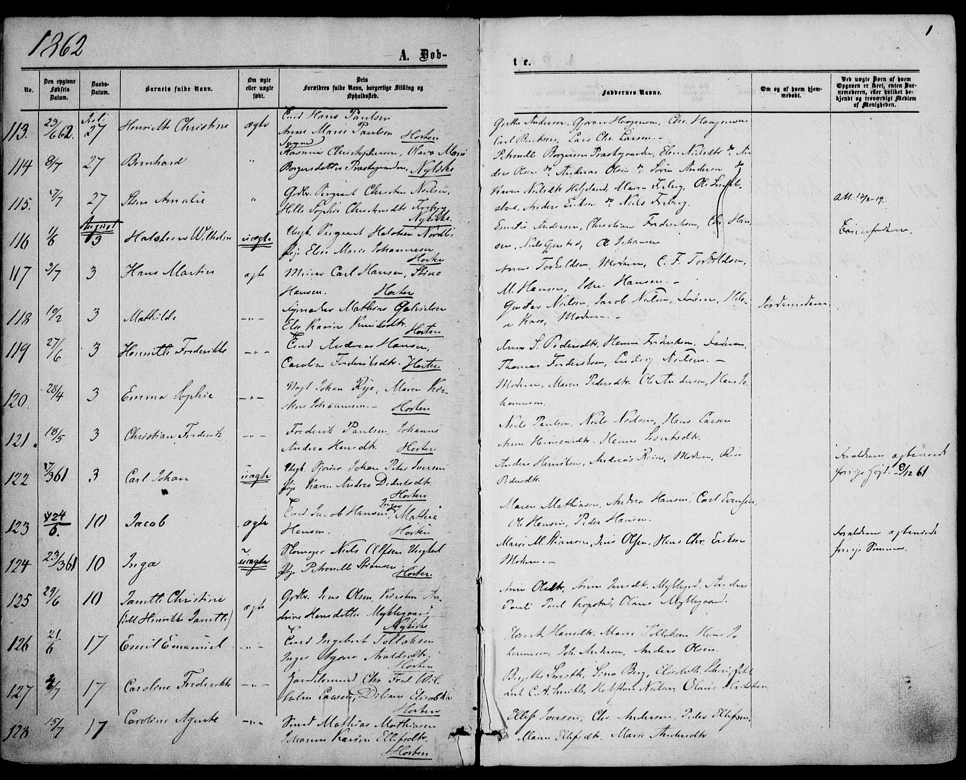 Borre kirkebøker, SAKO/A-338/F/Fa/L0007: Parish register (official) no. I 7, 1862-1867, p. 1