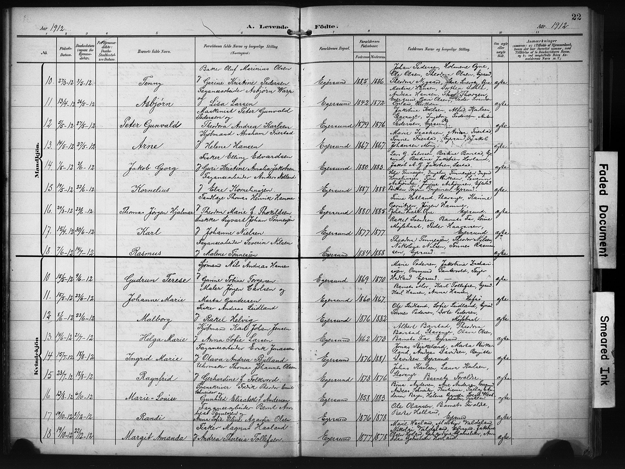 Eigersund sokneprestkontor, SAST/A-101807/S09/L0012: Parish register (copy) no. B 12, 1908-1930, p. 22