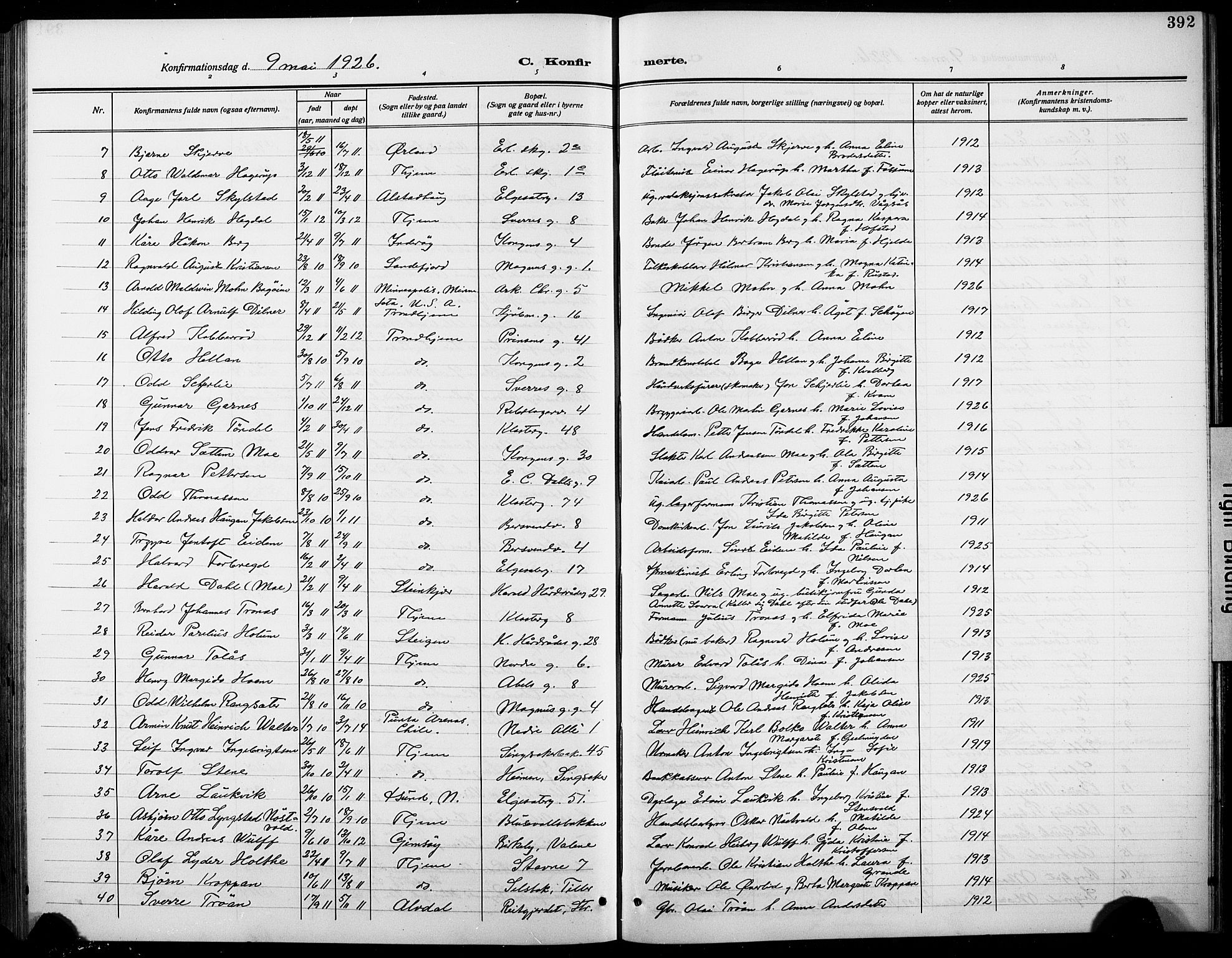 Ministerialprotokoller, klokkerbøker og fødselsregistre - Sør-Trøndelag, SAT/A-1456/601/L0096: Parish register (copy) no. 601C14, 1911-1931, p. 392
