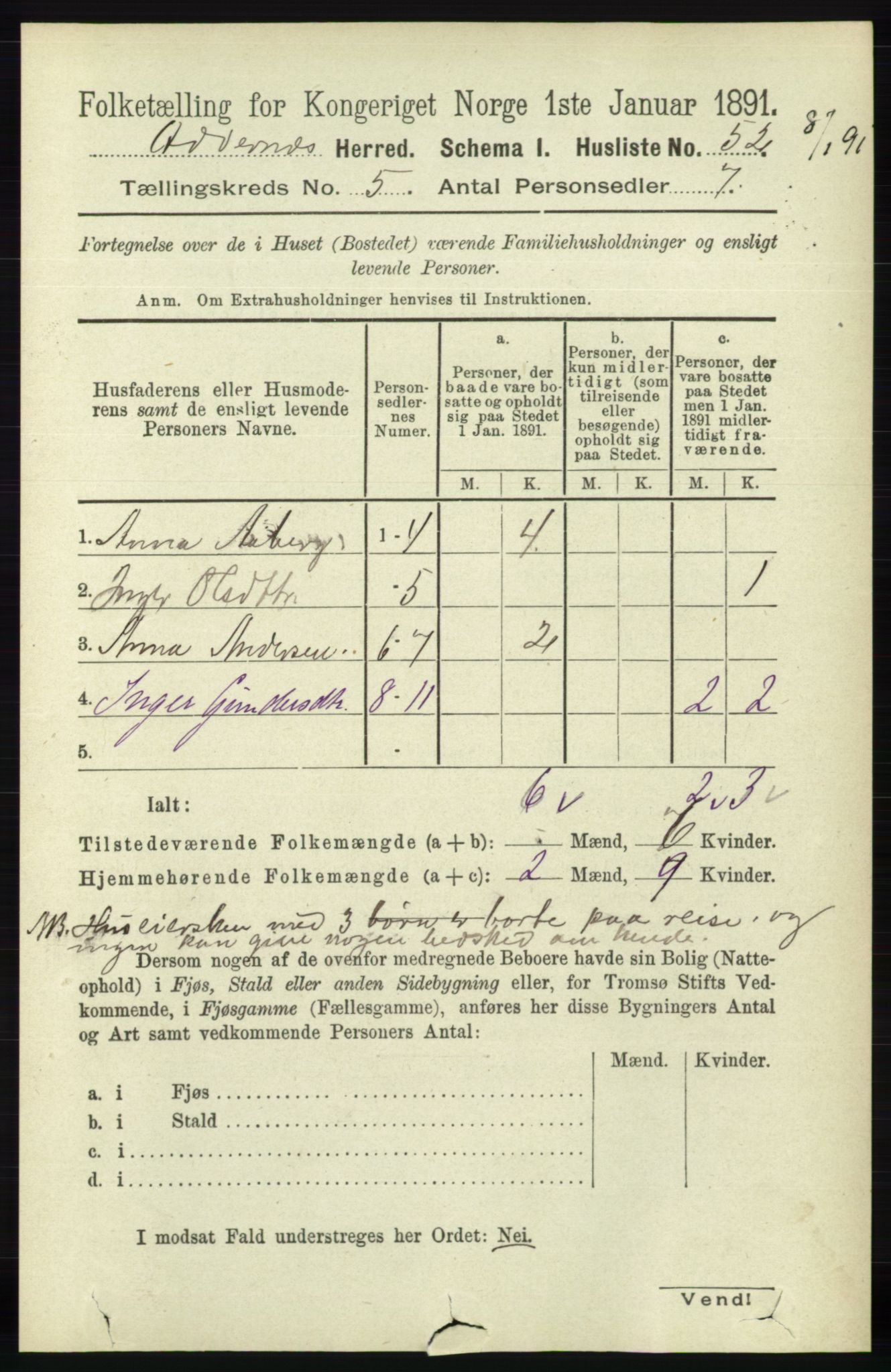 RA, 1891 census for 1012 Oddernes, 1891, p. 1762