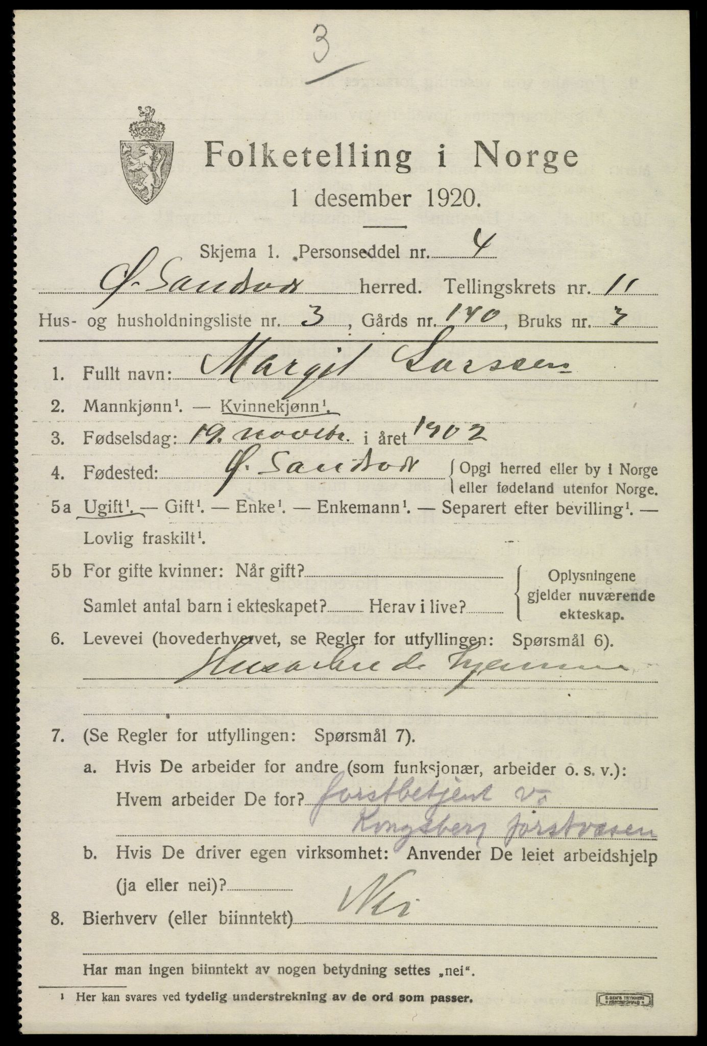 SAKO, 1920 census for Øvre Sandsvær, 1920, p. 5754