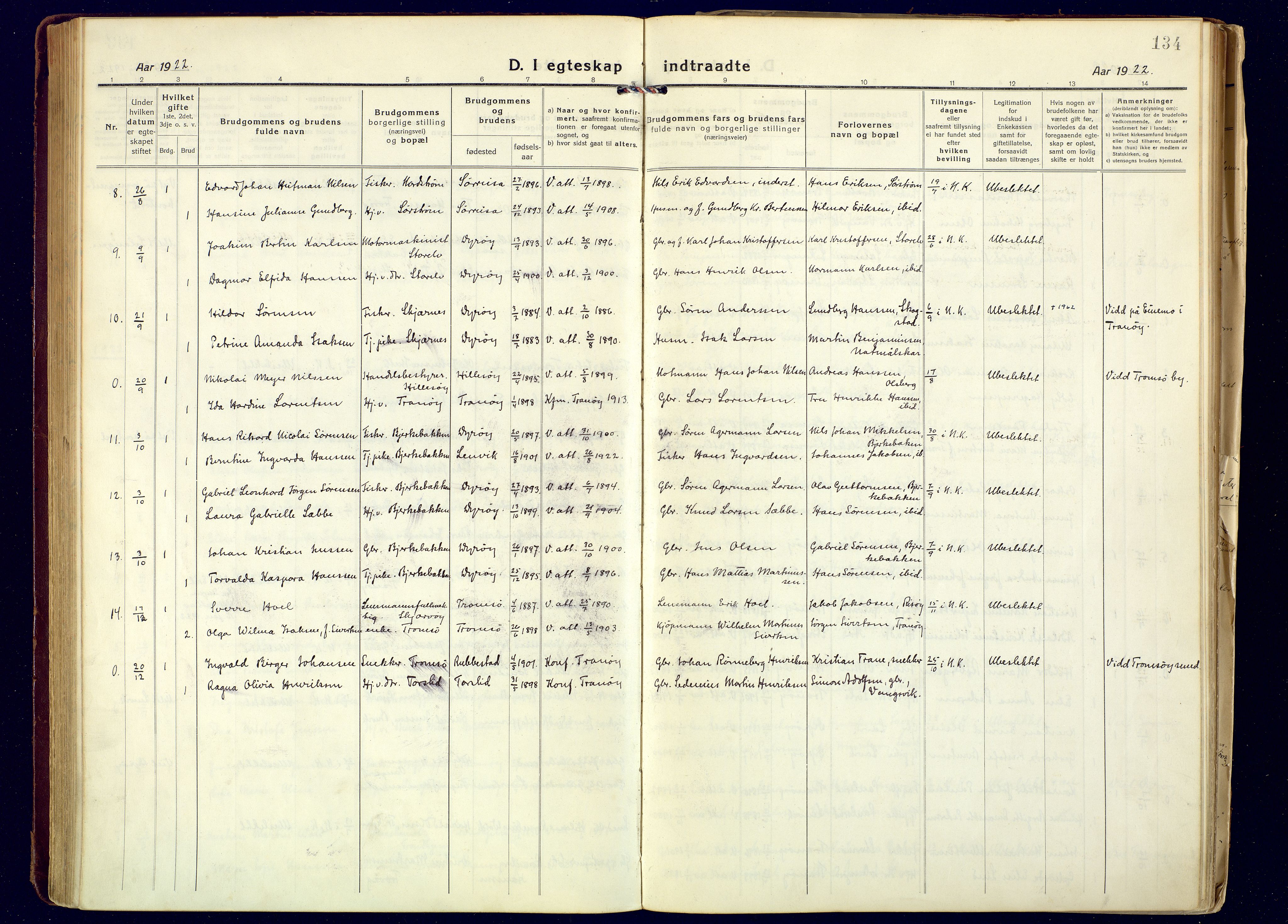 Tranøy sokneprestkontor, SATØ/S-1313/I/Ia/Iaa/L0016kirke: Parish register (official) no. 16, 1919-1932, p. 134