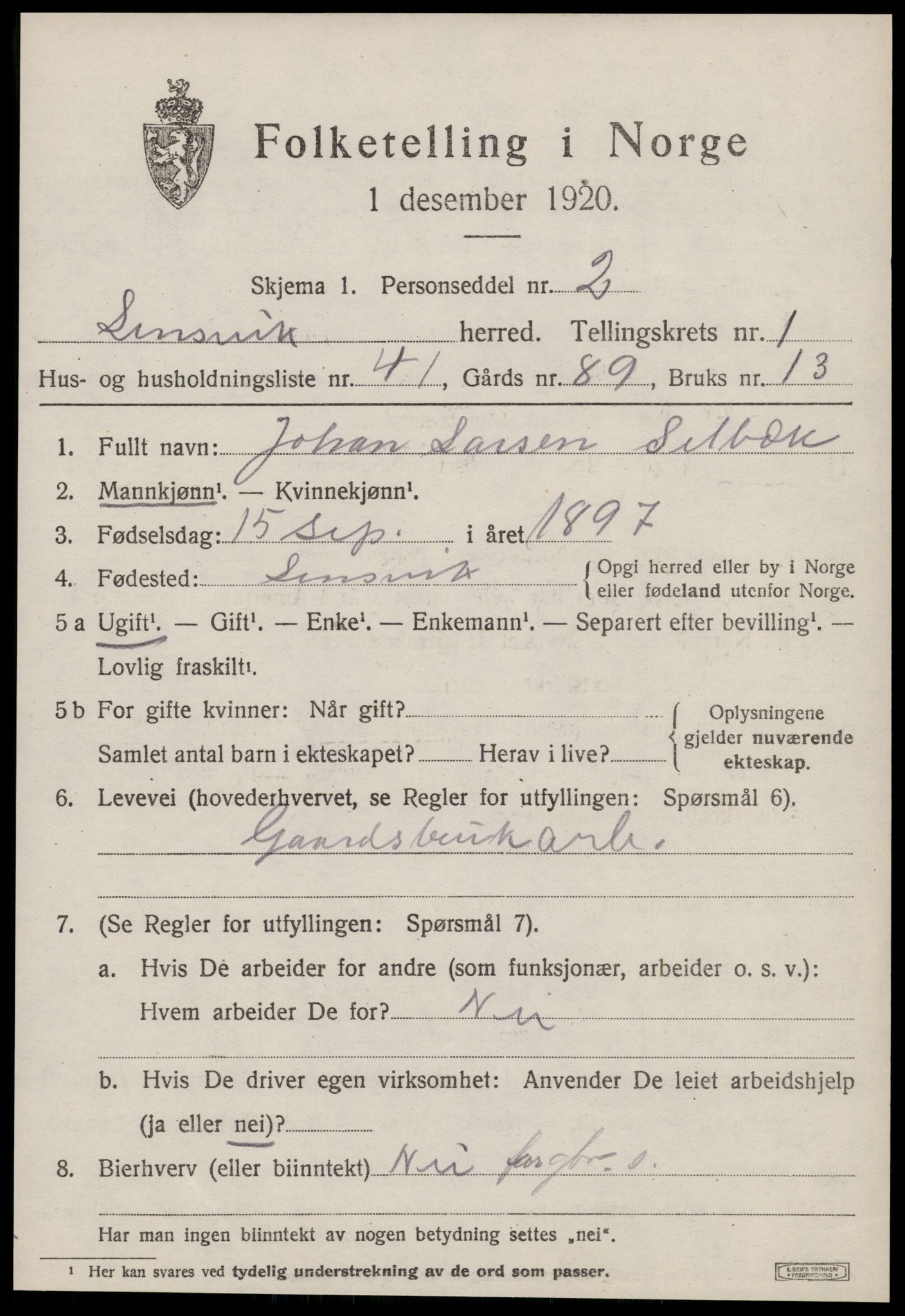 SAT, 1920 census for Lensvik, 1920, p. 934