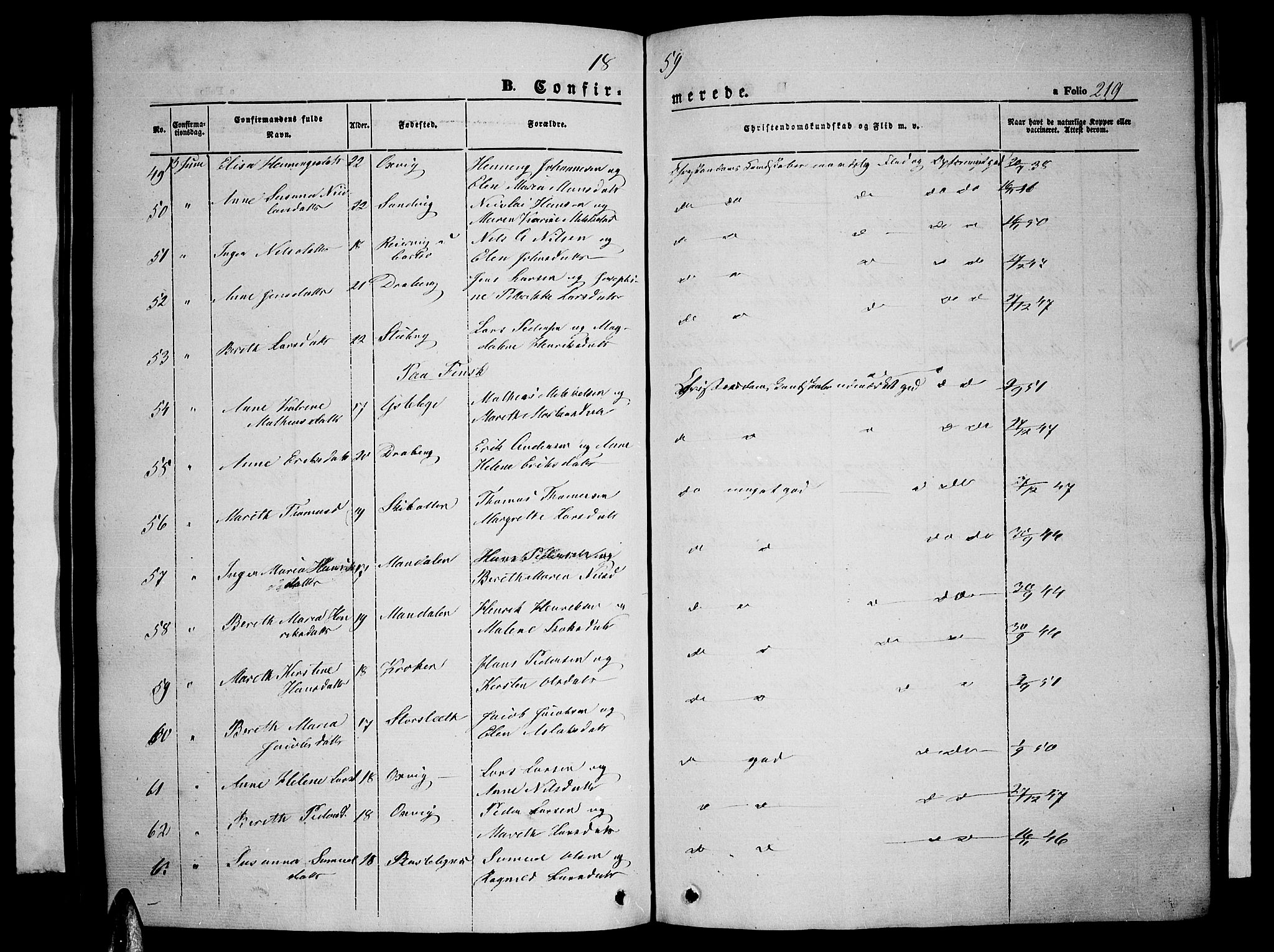 Lyngen sokneprestembete, SATØ/S-1289/H/He/Heb/L0002klokker: Parish register (copy) no. 2, 1839-1860, p. 219