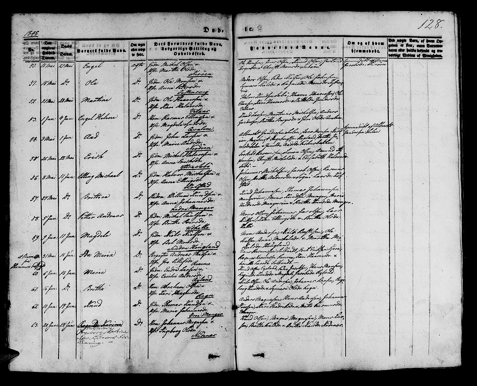 Manger sokneprestembete, AV/SAB-A-76801/H/Haa: Parish register (official) no. A 5, 1839-1848, p. 128