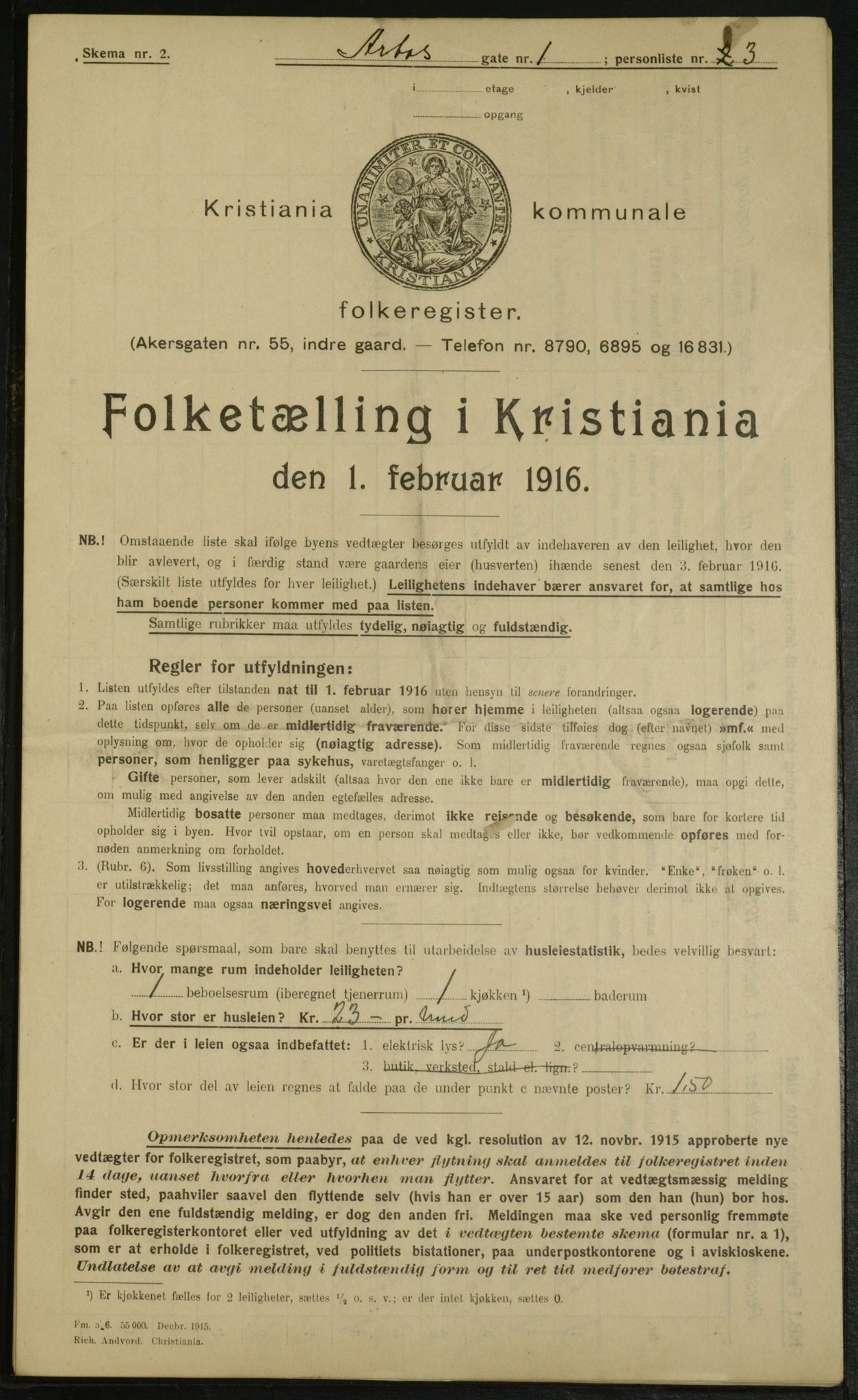 OBA, Municipal Census 1916 for Kristiania, 1916, p. 1675