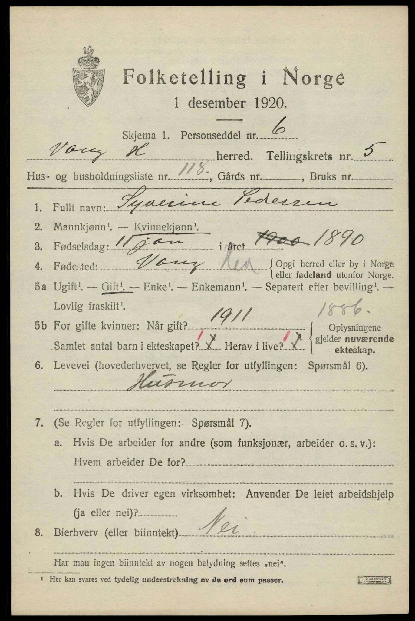 SAH, 1920 census for Vang (Hedmark), 1920, p. 15031