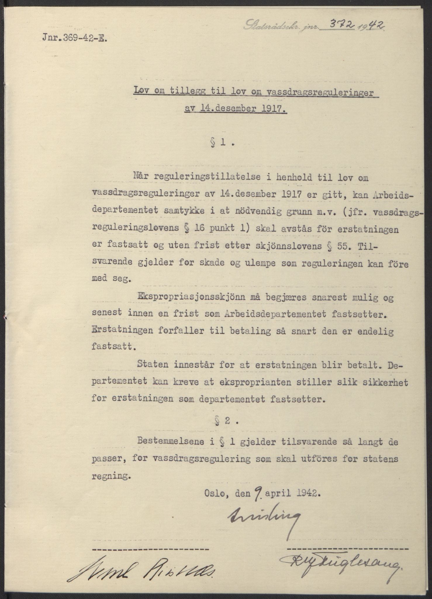 NS-administrasjonen 1940-1945 (Statsrådsekretariatet, de kommisariske statsråder mm), RA/S-4279/D/Db/L0097: Lover I, 1942, p. 249
