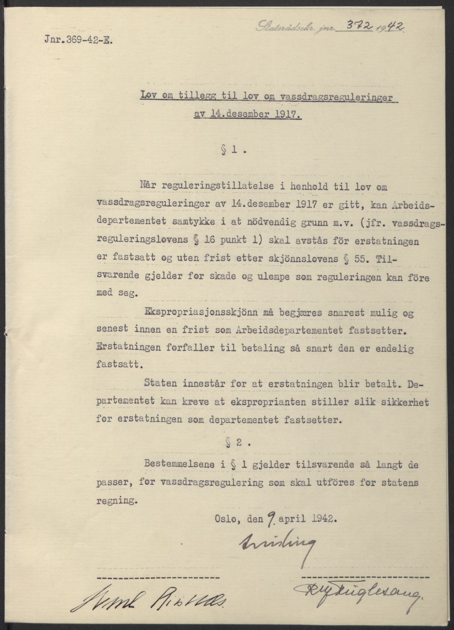 NS-administrasjonen 1940-1945 (Statsrådsekretariatet, de kommisariske statsråder mm), AV/RA-S-4279/D/Db/L0097: Lover I, 1942, p. 249