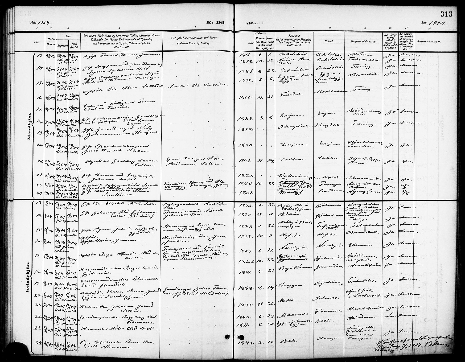 Ministerialprotokoller, klokkerbøker og fødselsregistre - Sør-Trøndelag, SAT/A-1456/668/L0819: Parish register (copy) no. 668C08, 1899-1912, p. 313