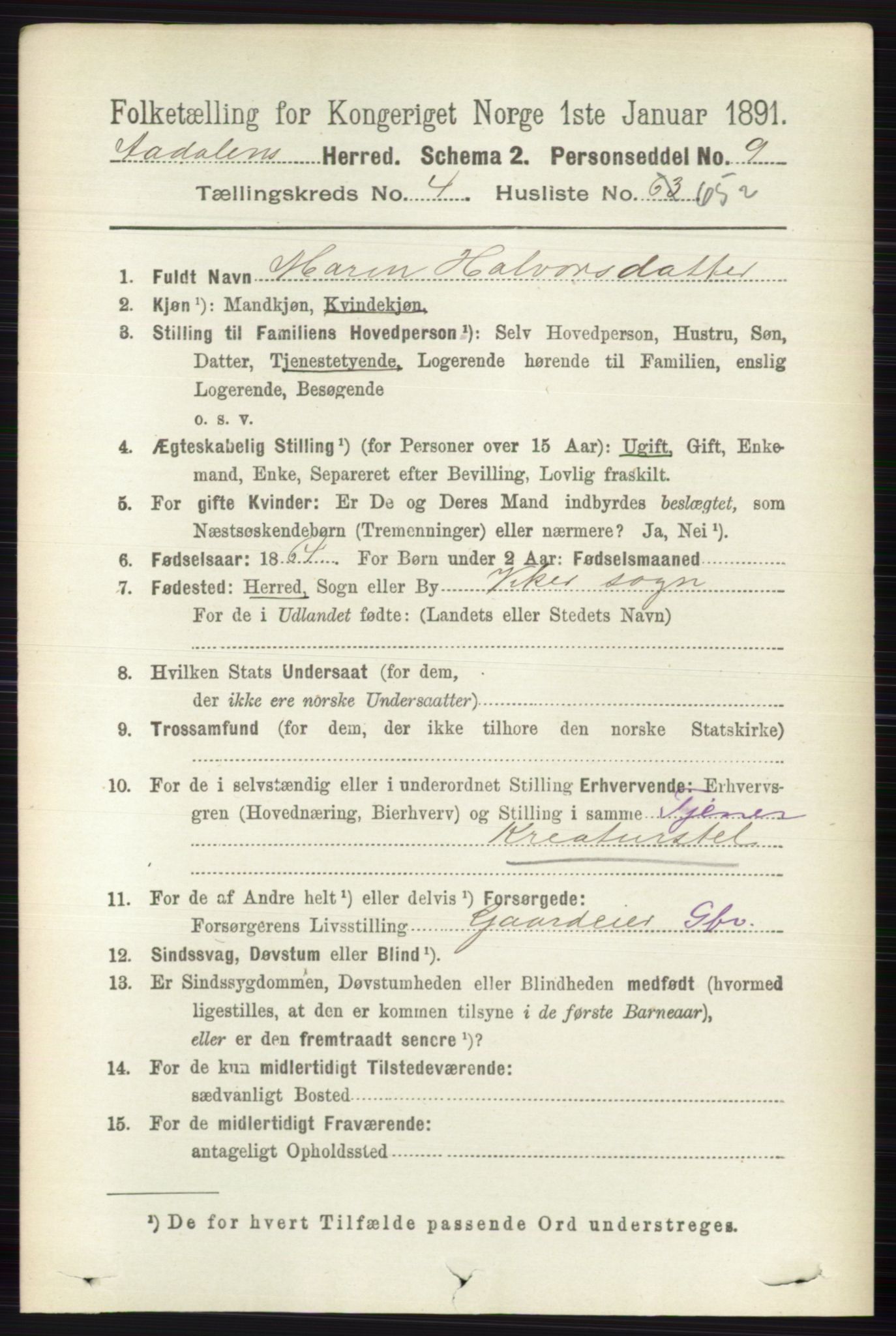 RA, 1891 census for 0614 Ådal, 1891, p. 1908
