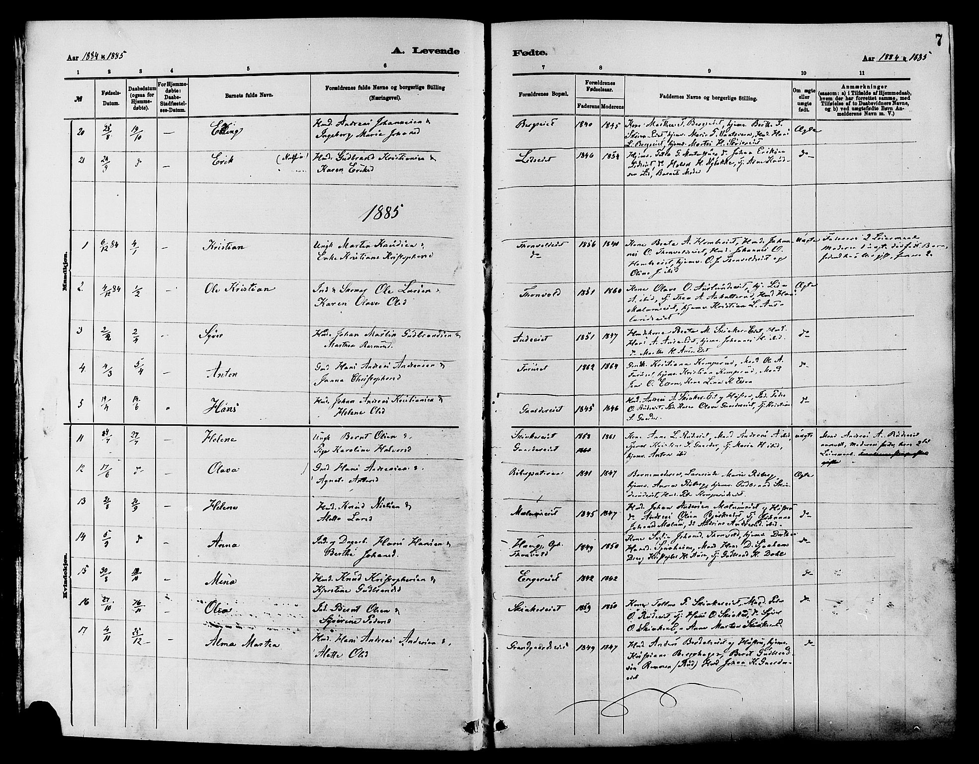 Nordre Land prestekontor, SAH/PREST-124/H/Ha/Haa/L0003: Parish register (official) no. 3, 1882-1896, p. 7