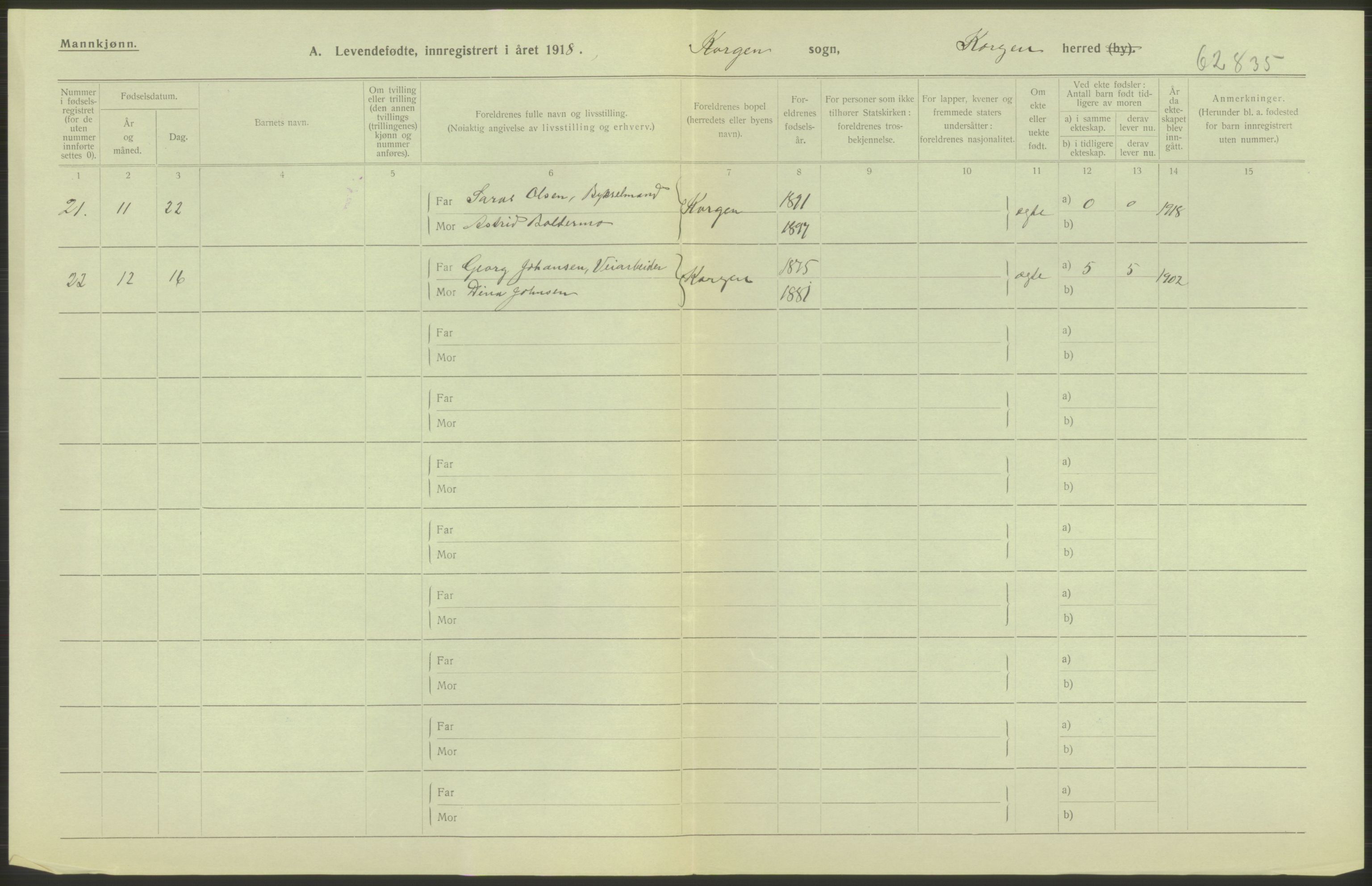 Statistisk sentralbyrå, Sosiodemografiske emner, Befolkning, RA/S-2228/D/Df/Dfb/Dfbh/L0052: Nordland fylke: Levendefødte menn og kvinner. Bygder., 1918, p. 136