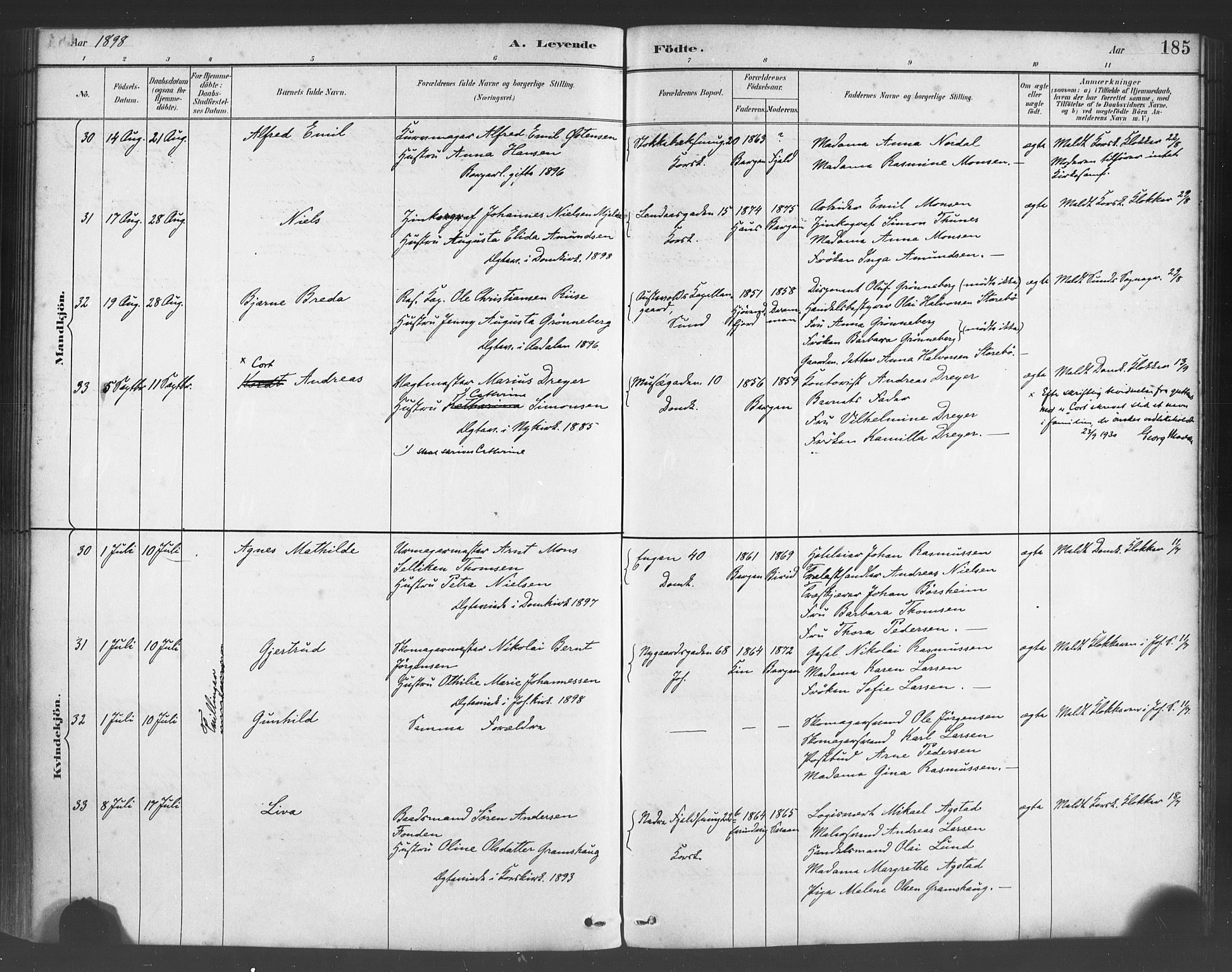 Fødselsstiftelsens sokneprestembete*, SAB/-: Parish register (official) no. A 2, 1884-1900, p. 185