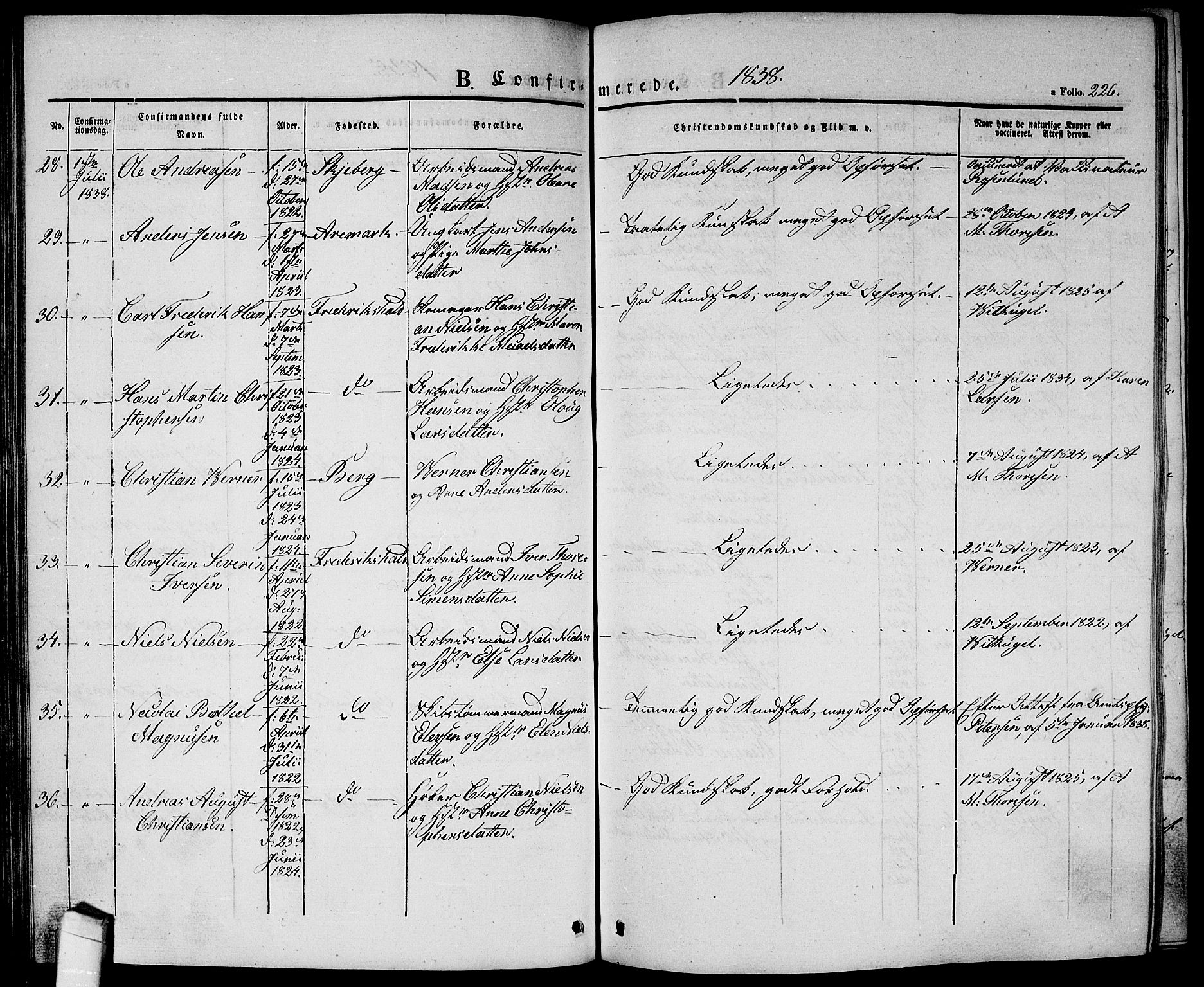 Halden prestekontor Kirkebøker, SAO/A-10909/G/Ga/L0003: Parish register (copy) no. 3, 1834-1844, p. 226