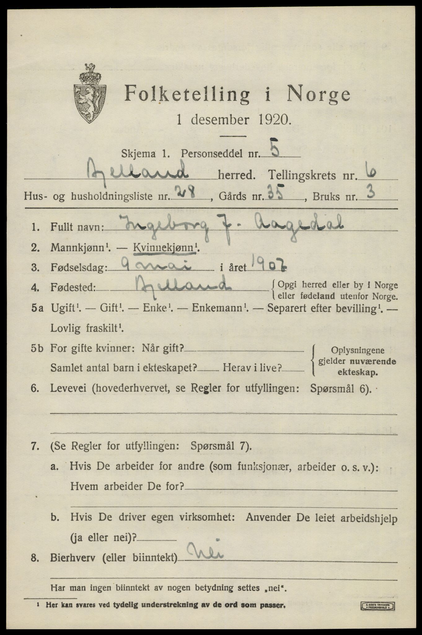 SAK, 1920 census for Bjelland, 1920, p. 2053