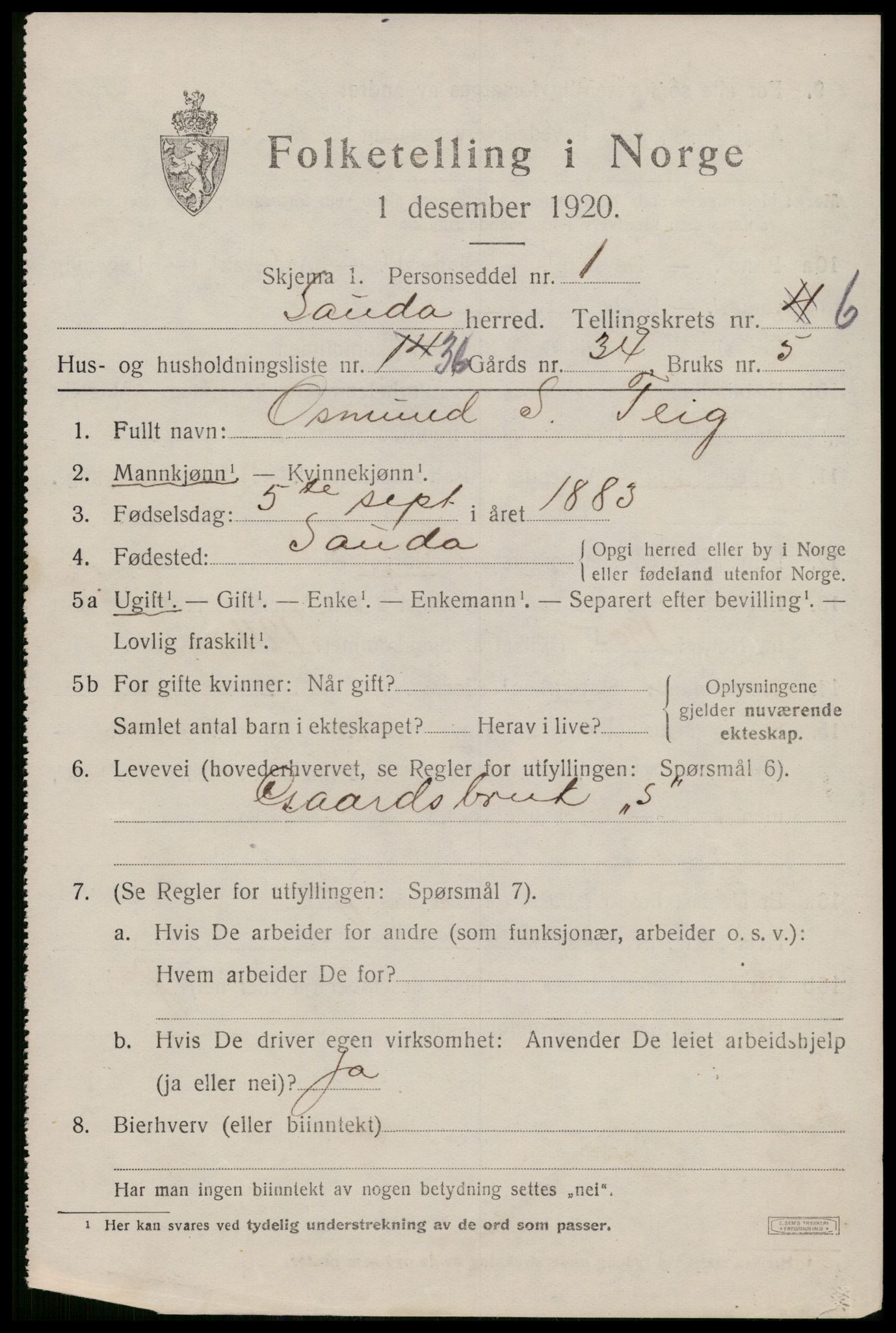 SAST, 1920 census for Sauda, 1920, p. 4102