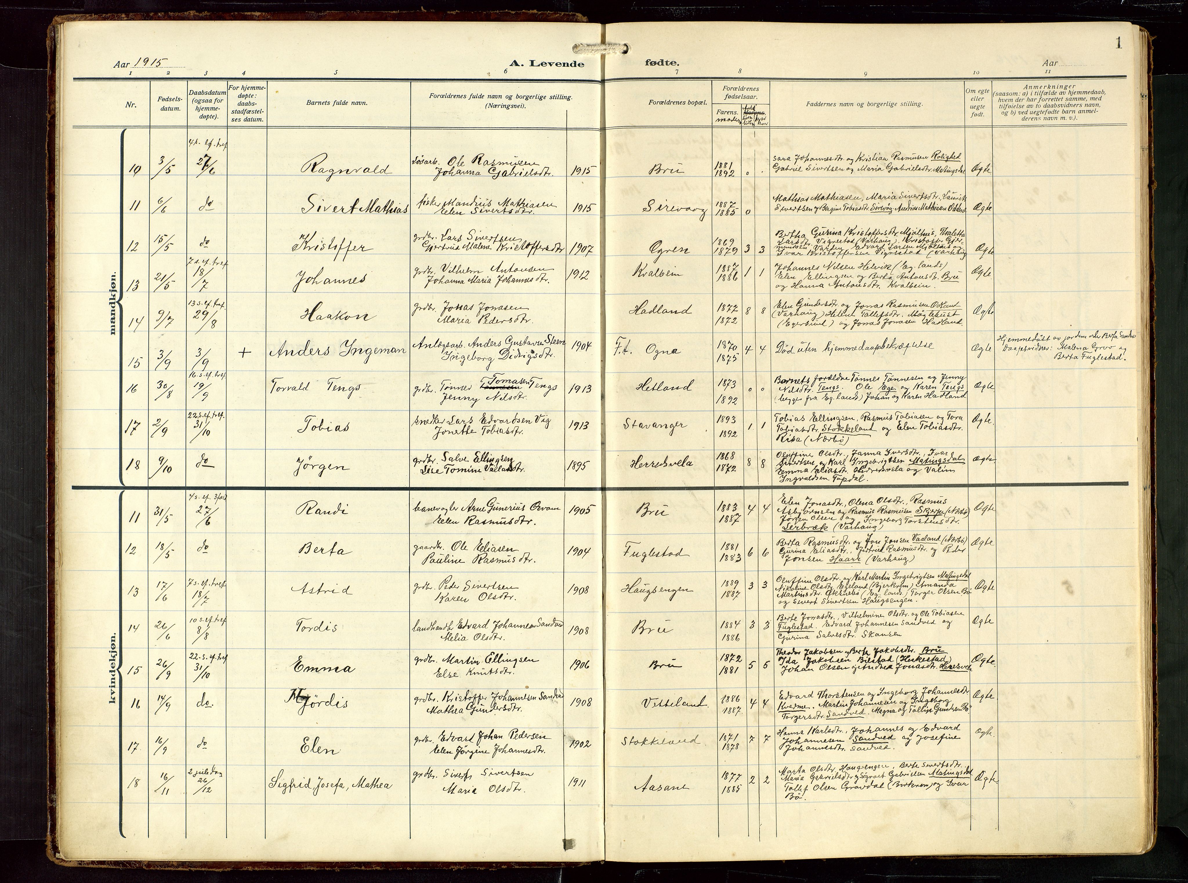 Eigersund sokneprestkontor, AV/SAST-A-101807/S09: Parish register (copy) no. B 22, 1915-1947, p. 1