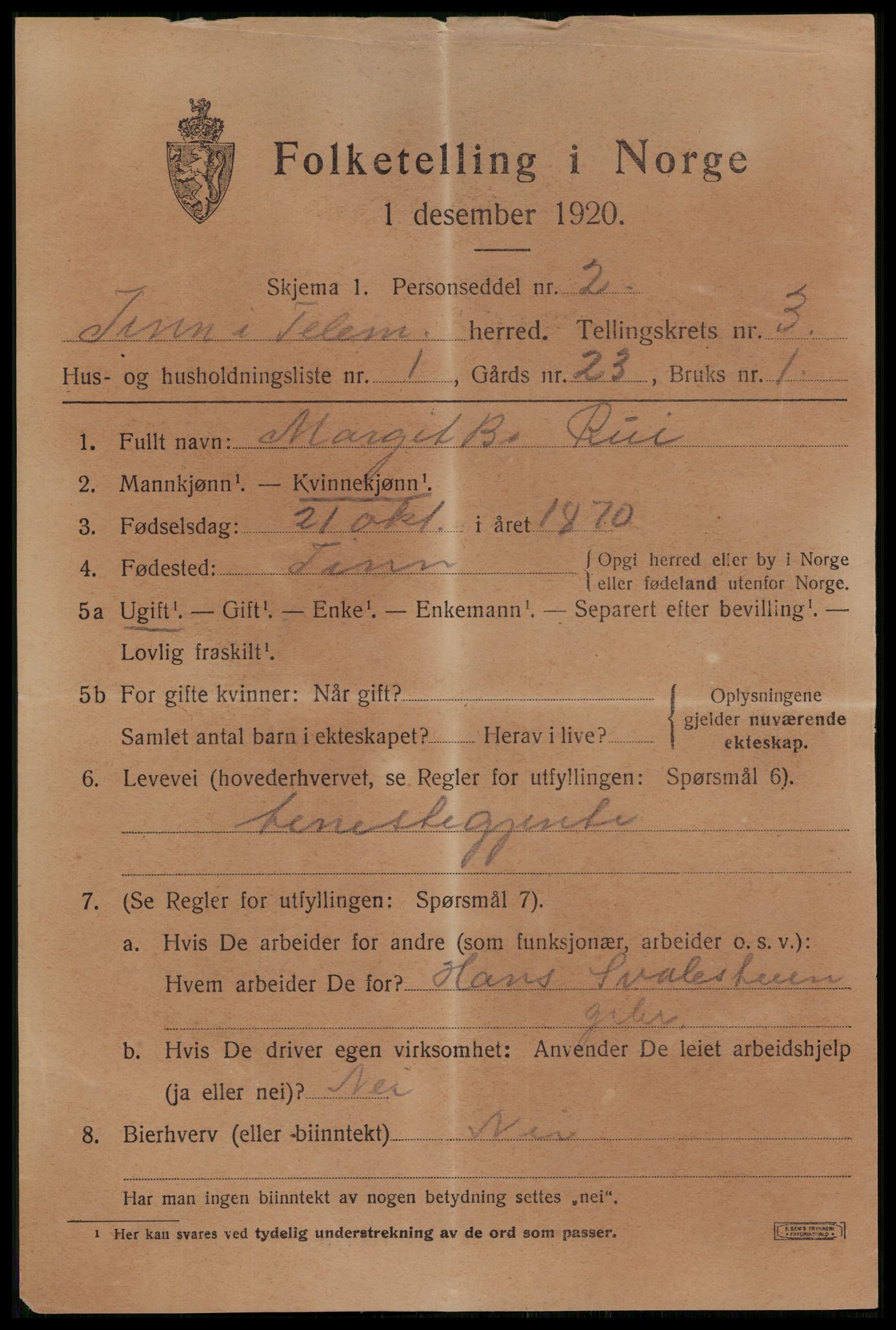 SAKO, 1920 census for Tinn, 1920, p. 3292