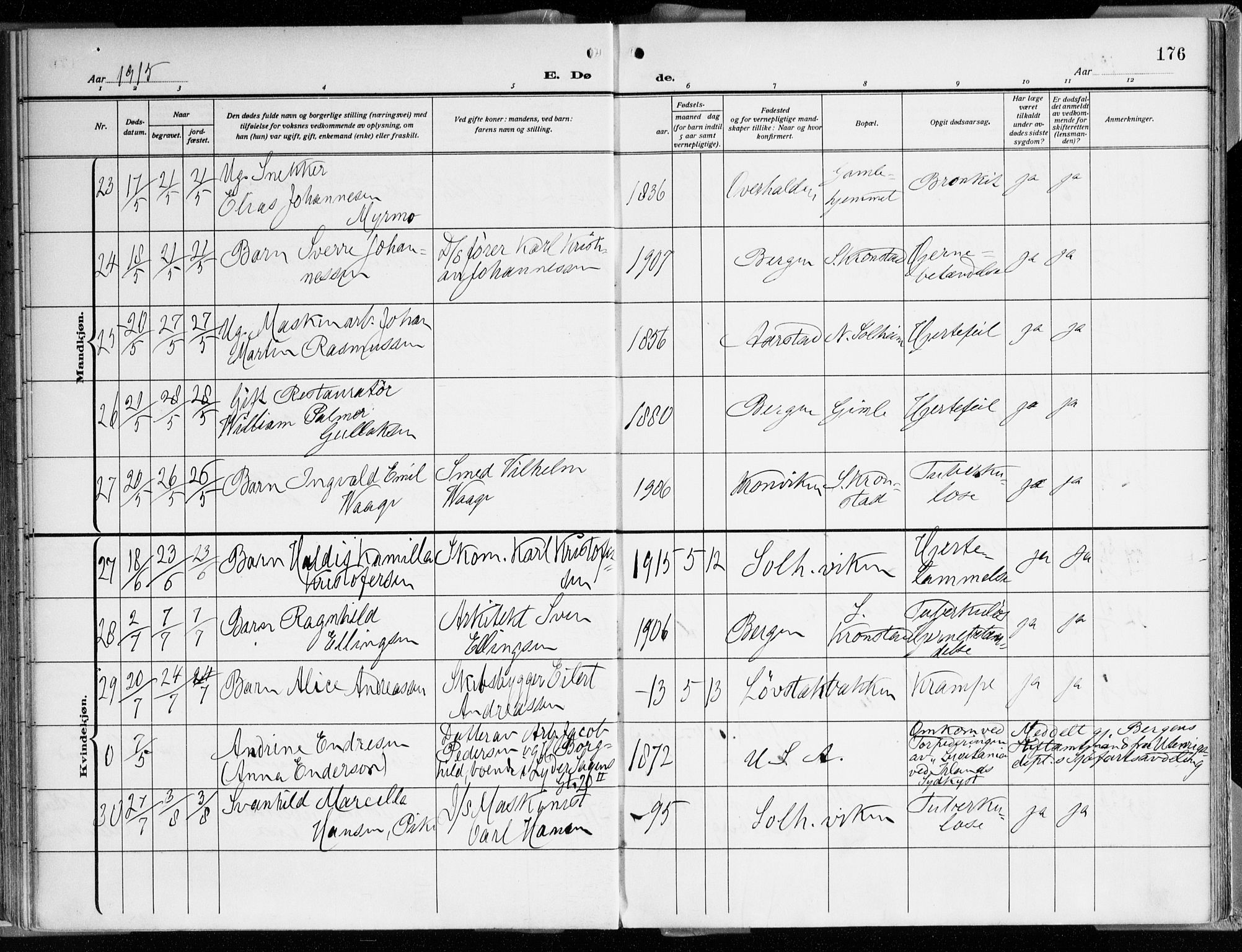 Årstad Sokneprestembete, AV/SAB-A-79301/H/Haa/L0003: Parish register (official) no. A 3, 1914-1919, p. 176