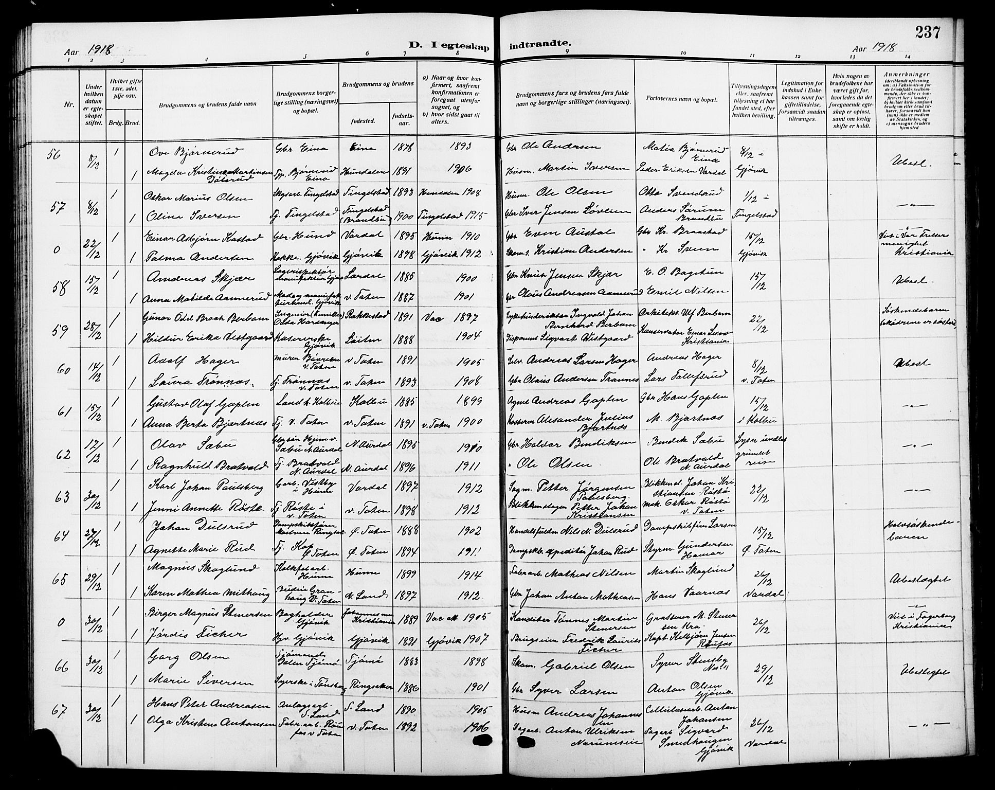 Vardal prestekontor, SAH/PREST-100/H/Ha/Hab/L0014: Parish register (copy) no. 14, 1911-1922, p. 237