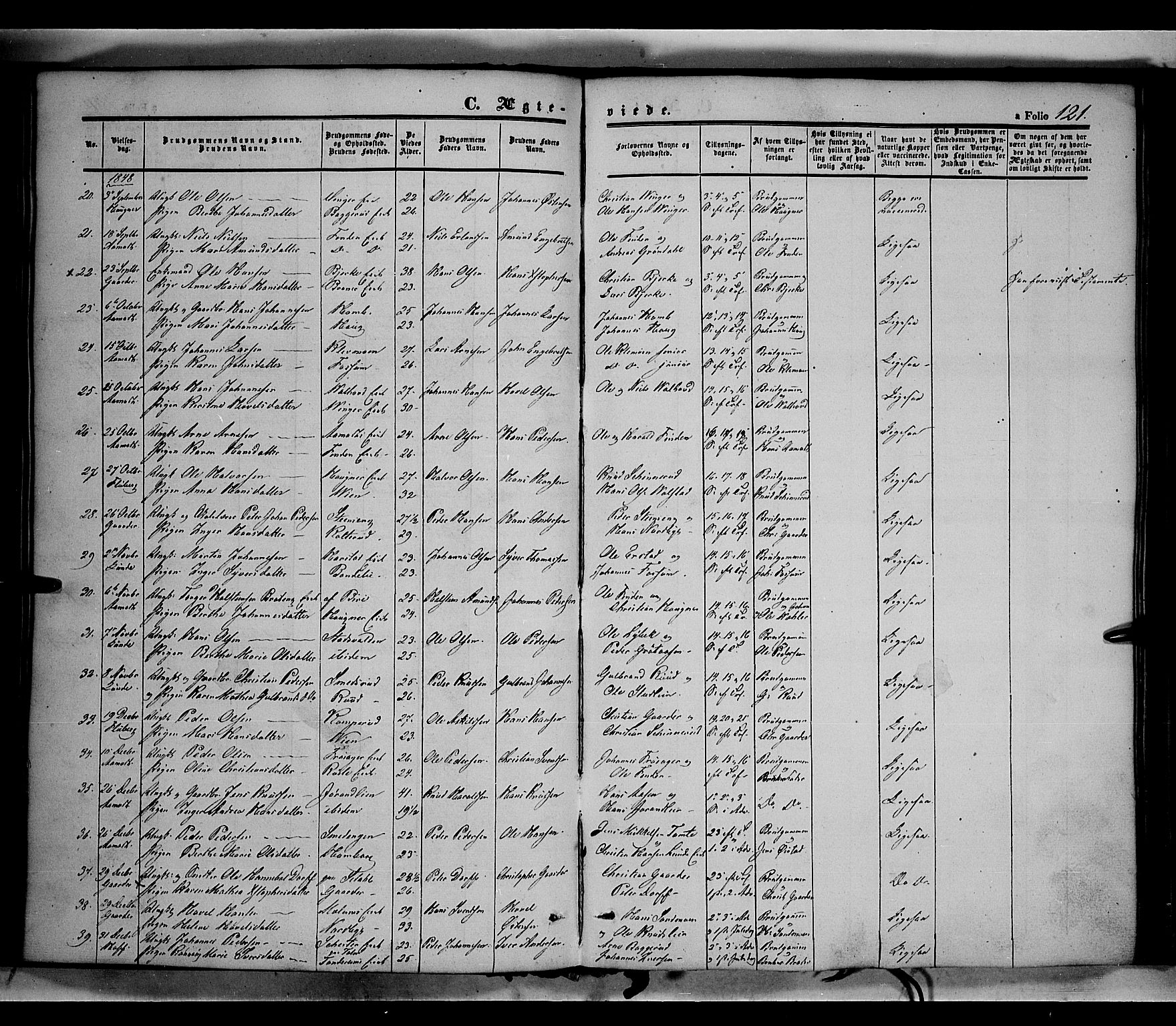 Land prestekontor, SAH/PREST-120/H/Ha/Haa/L0010: Parish register (official) no. 10, 1847-1859, p. 121